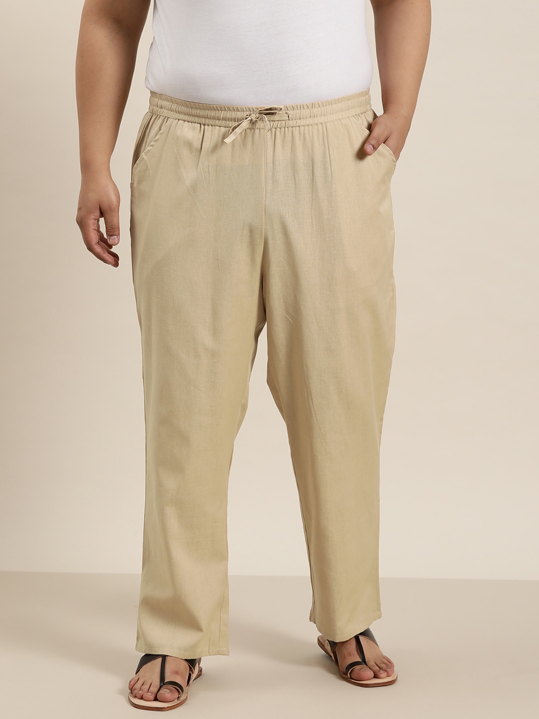 

Sztori Men Plus Size Cotton Linen Solid Ethnic Trousers, Beige