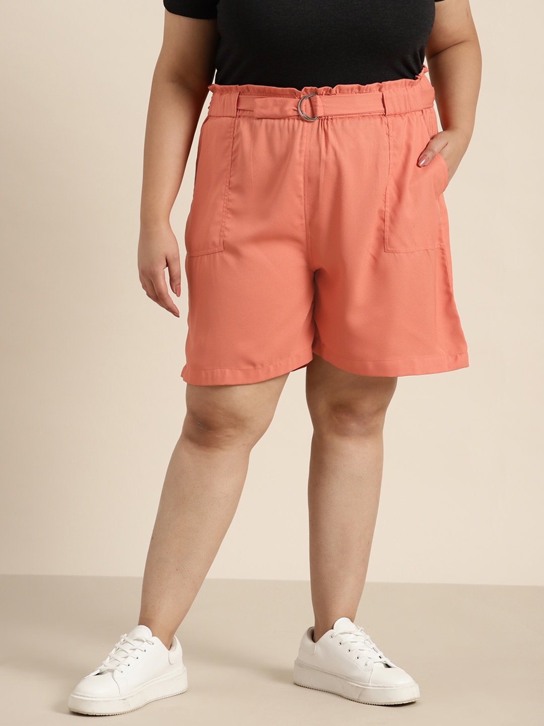 

Sztori Plus Size Women Solid High-Rise Paperbag Shorts with Belt, Peach