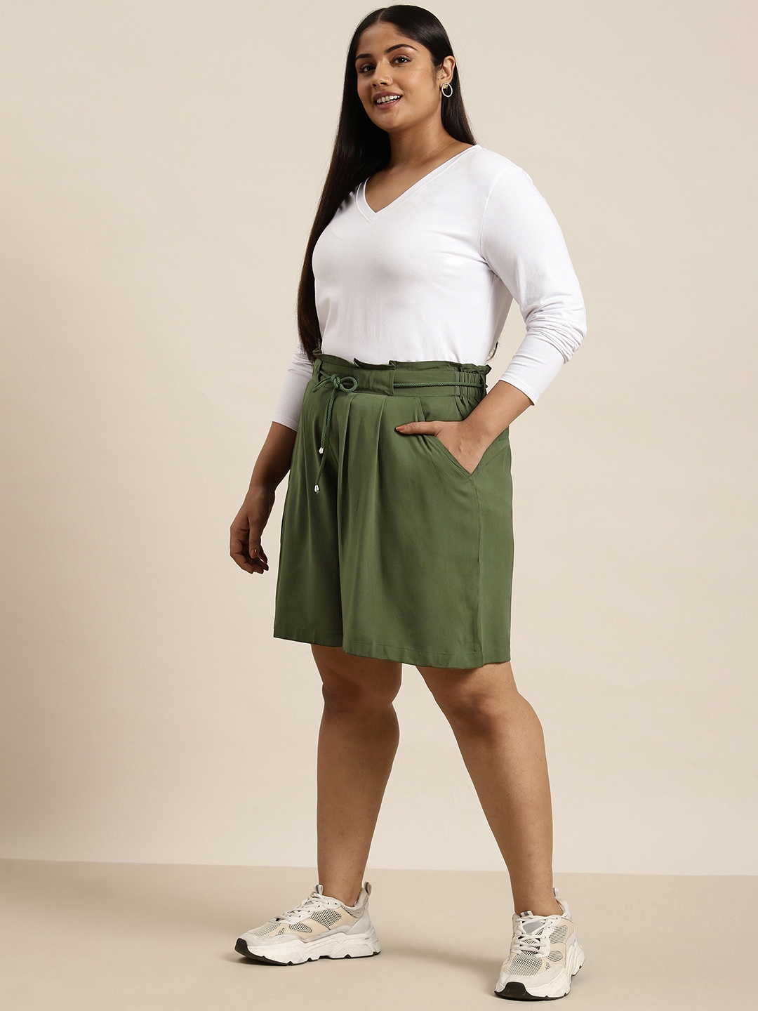 

Sztori Plus Size Women Solid High-Rise Shorts, Olive