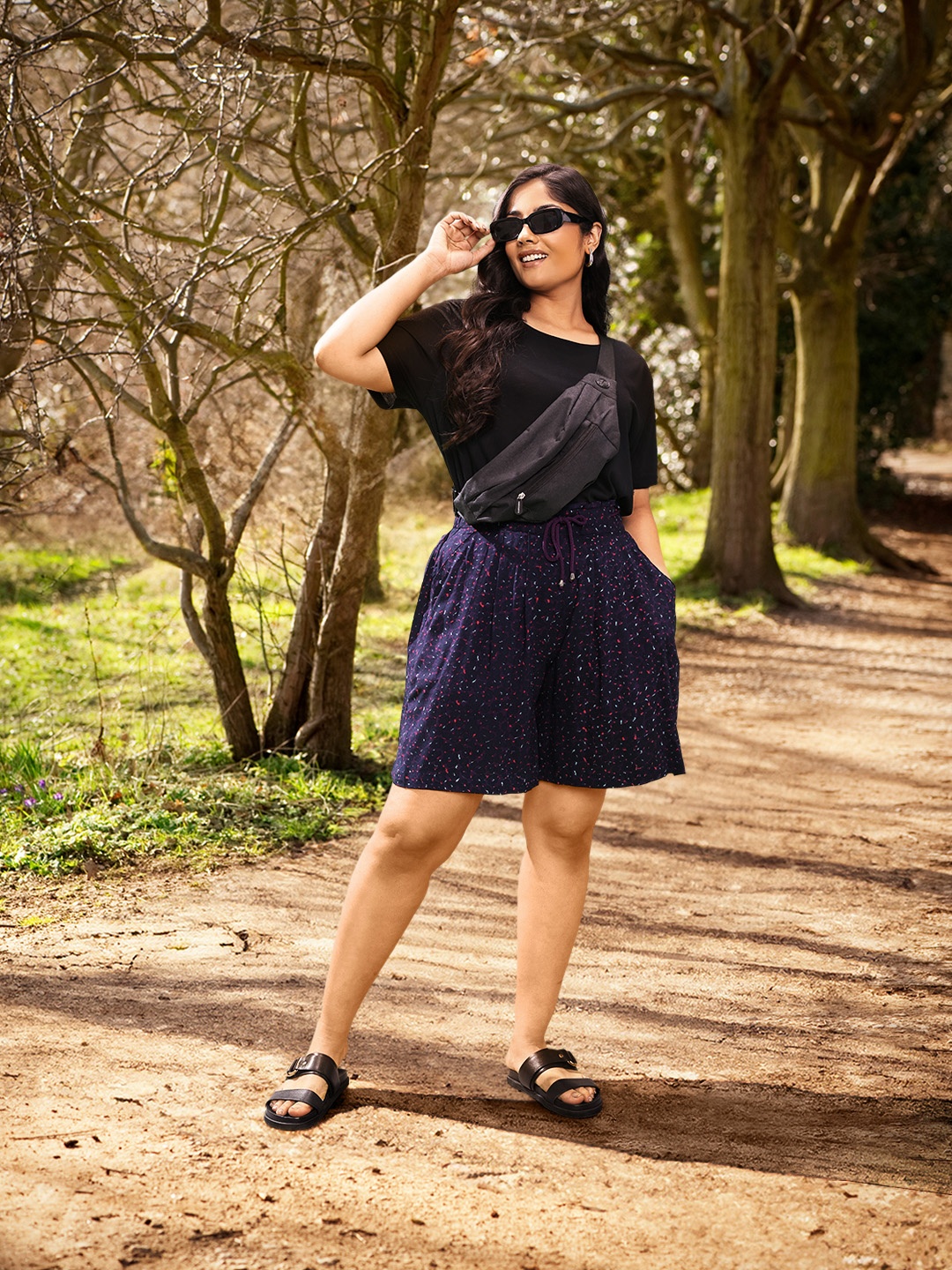 

Sztori Plus Size Women Printed Shorts, Navy blue