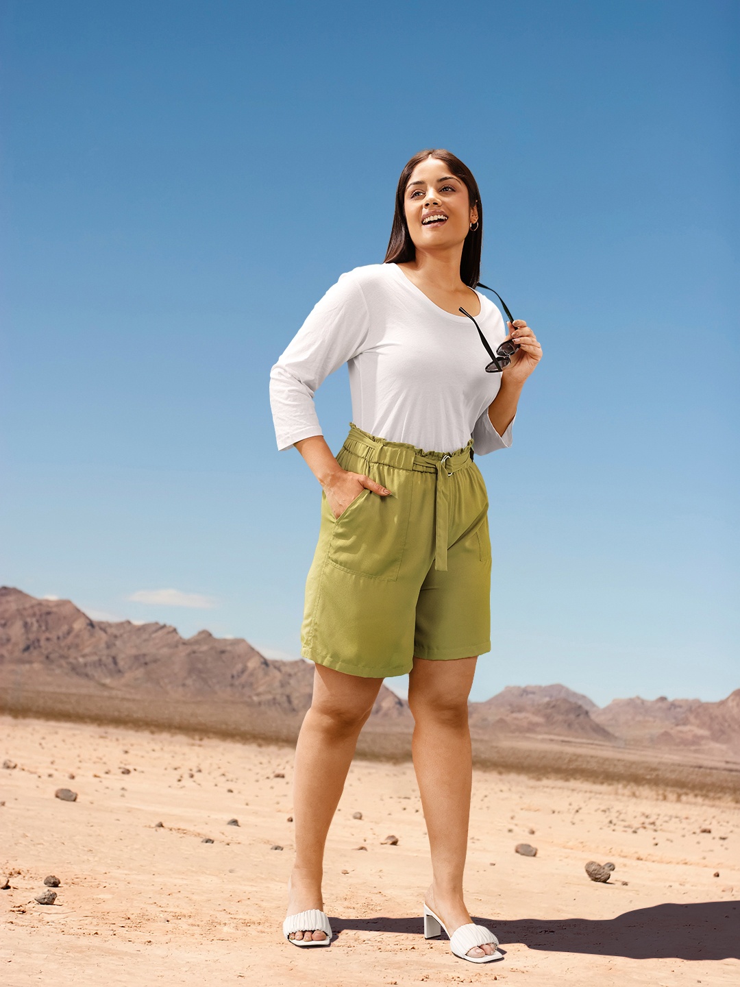

Sztori Plus Size Women Solid High-Rise Paperbag Shorts with Belt, Olive