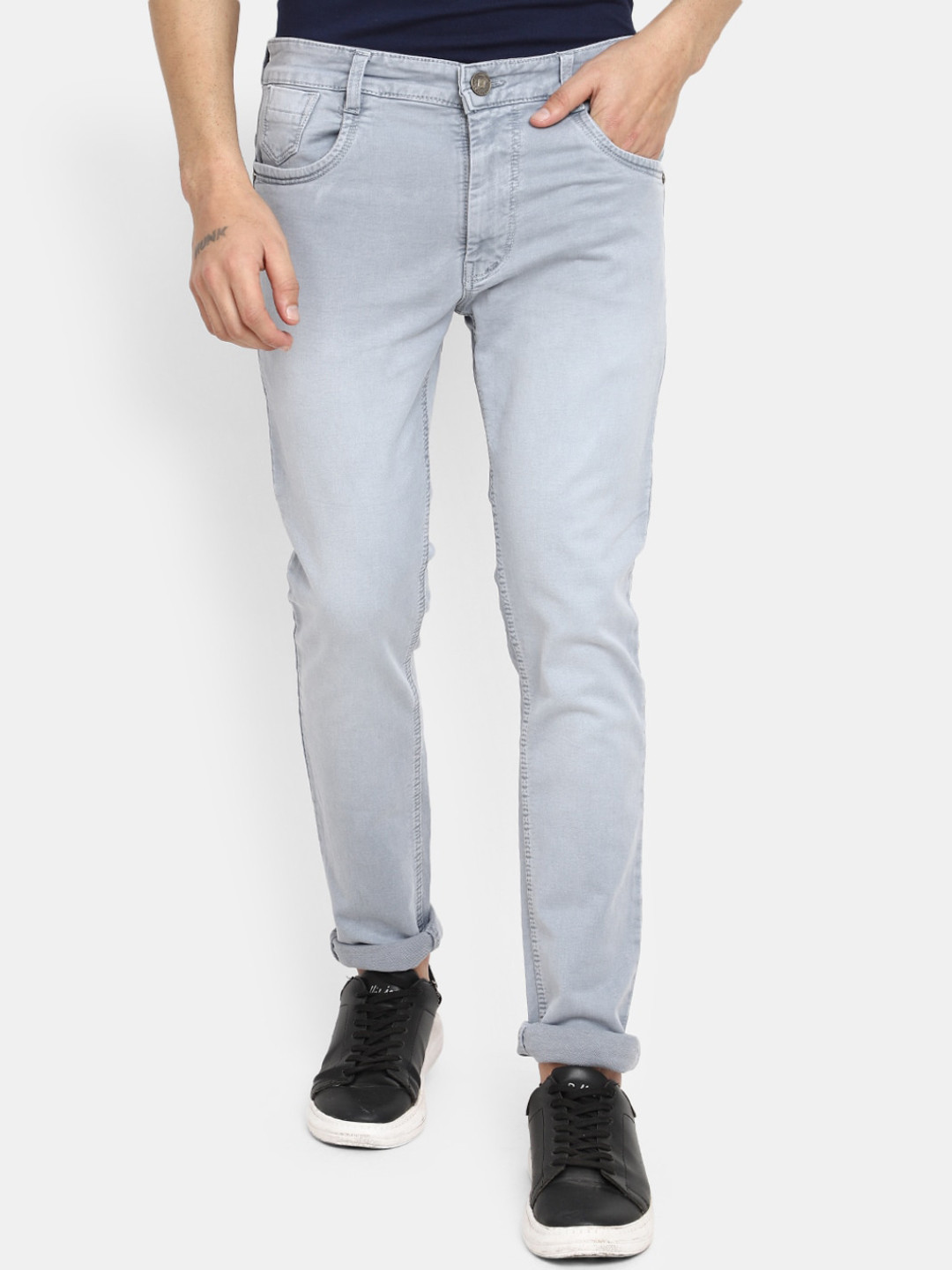 

V-Mart Men Classic Slim Fit Low Distress Heavy Fade Jeans, Grey