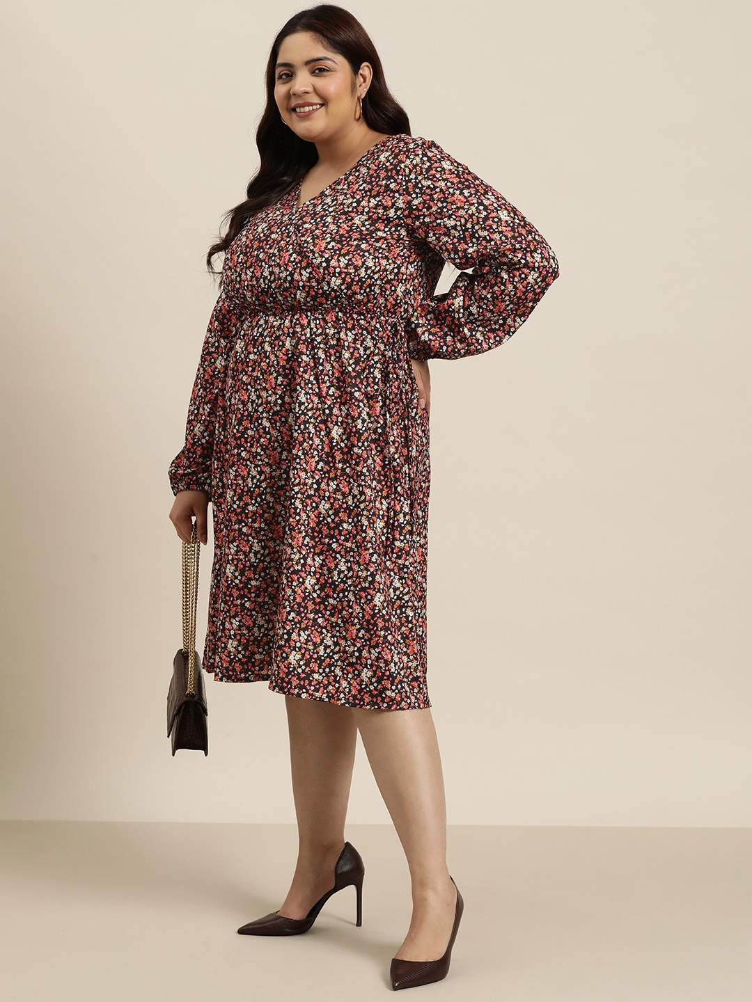 

Sztori Plus Size Floral Print Wrap Midi Dress, Black