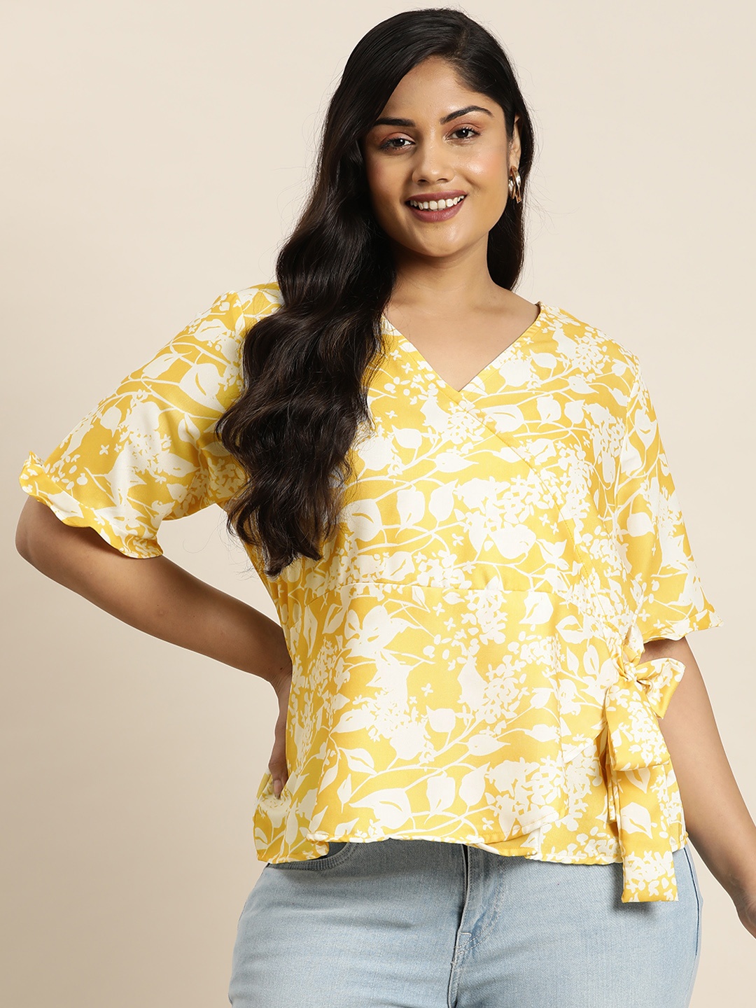 

Sztori Plus Size Floral Print Wrap Top, Yellow