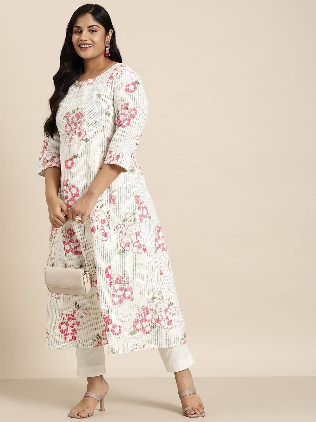 

Sztori Plus Size Floral Print Straight Kurta, White