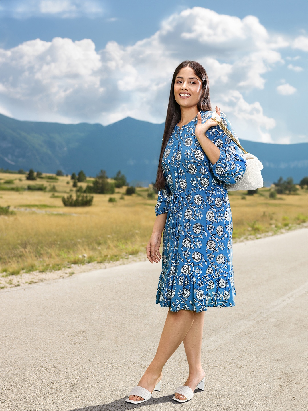 

Sztori Plus Size Ethnic Motifs Print Puff Sleeve A-Line Dress, Blue