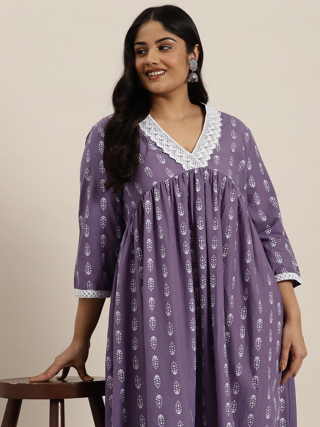 

Sztori Women Plus Size Pure Cotton Ethnic Motifs Printed Kurta, Purple