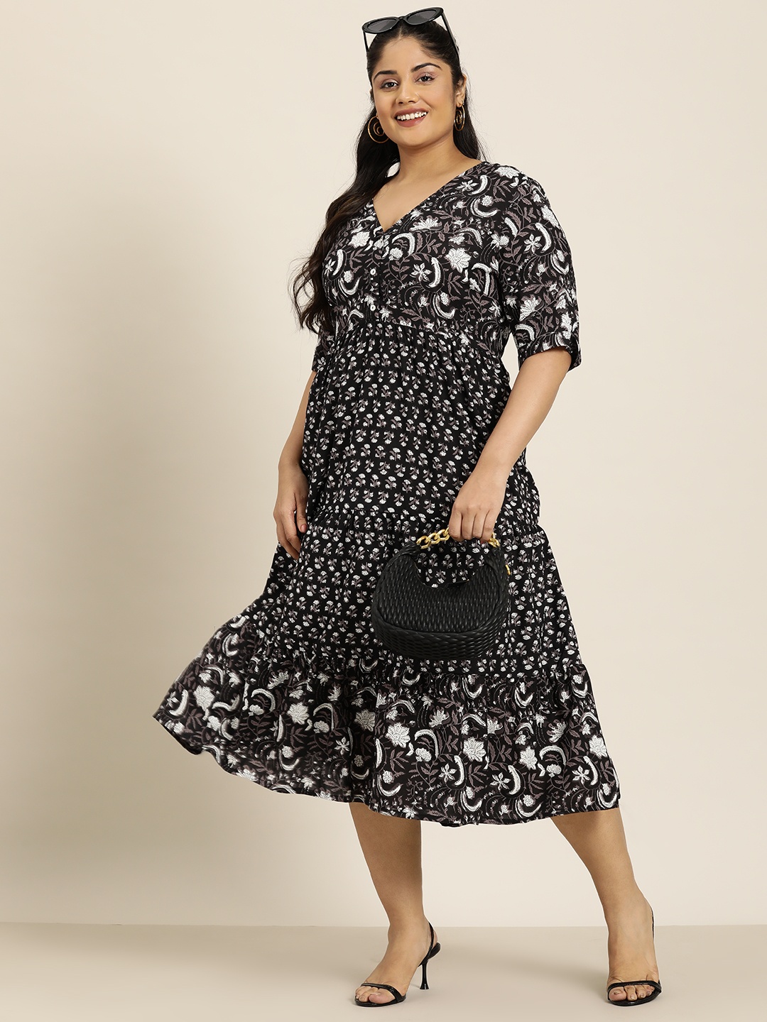 Sztori Plus Size Floral Print V-Neck Tiered Midi A-Line Dress, Black