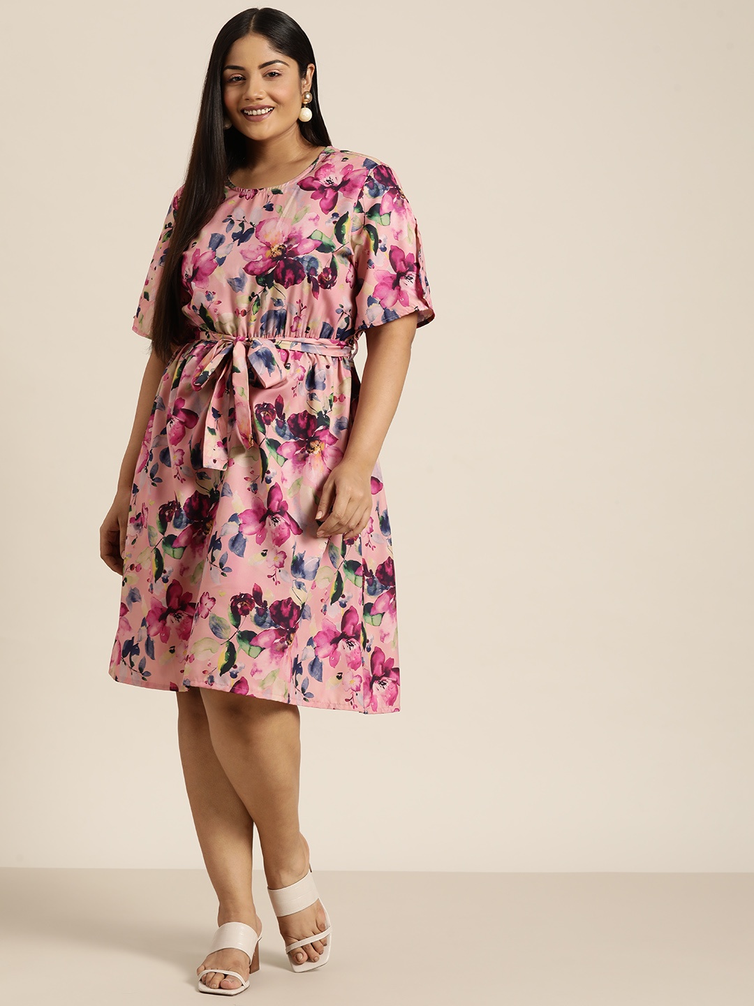 

Sztori Floral Print Flared Sleeve A-Line Dress with Belt, Pink