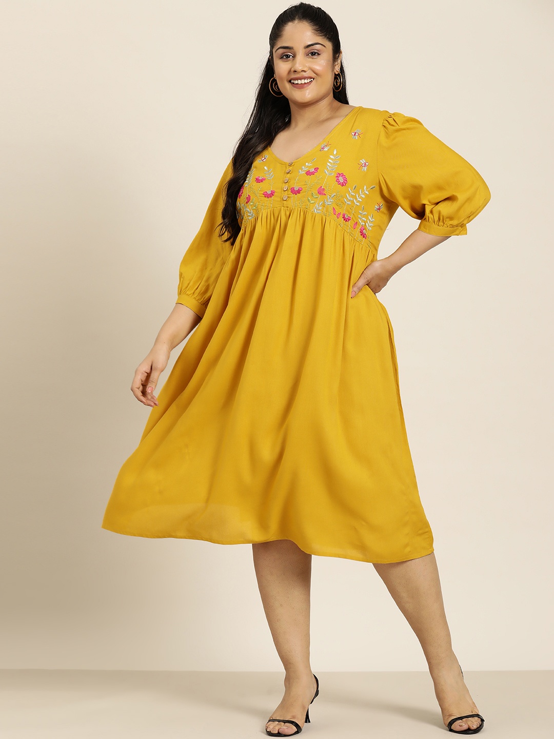 

Sztori Plus Size Floral Embroidered Fit & Flare Midi Dress, Mustard