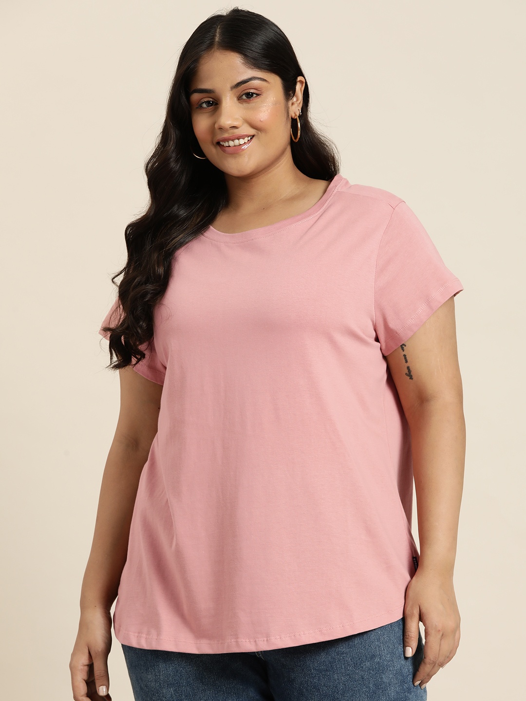 

Sztori Women Plus Size Solid Pure Cotton T-shirt, Pink