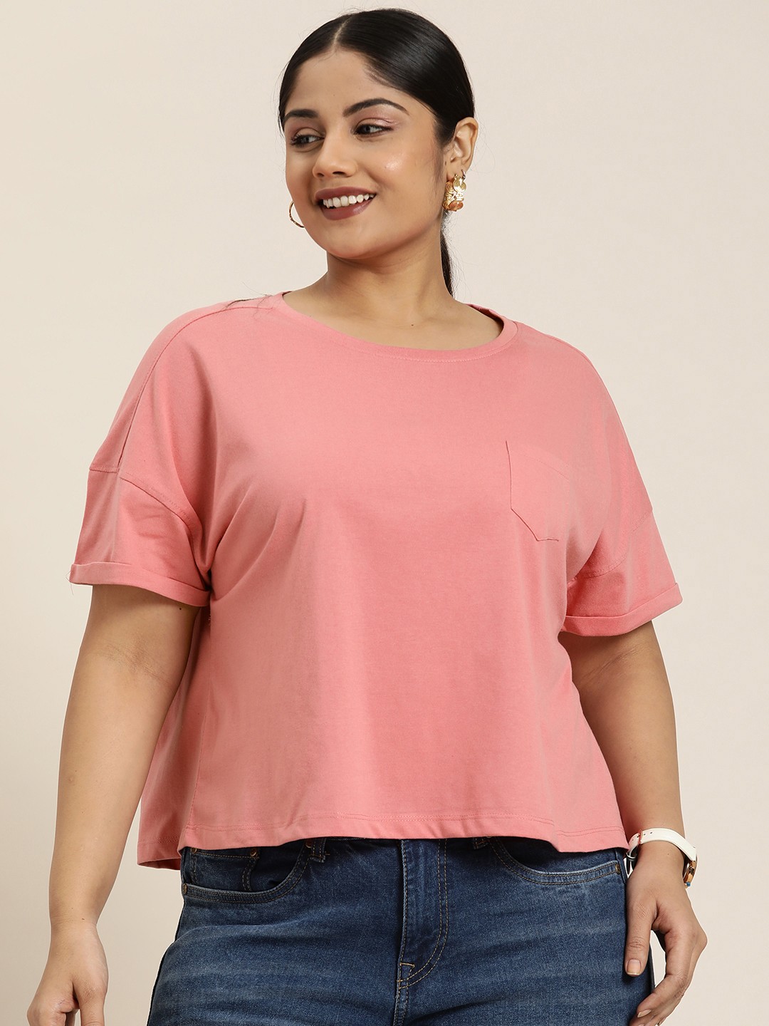 

Sztori Plus Size Solid T-shirt, Pink