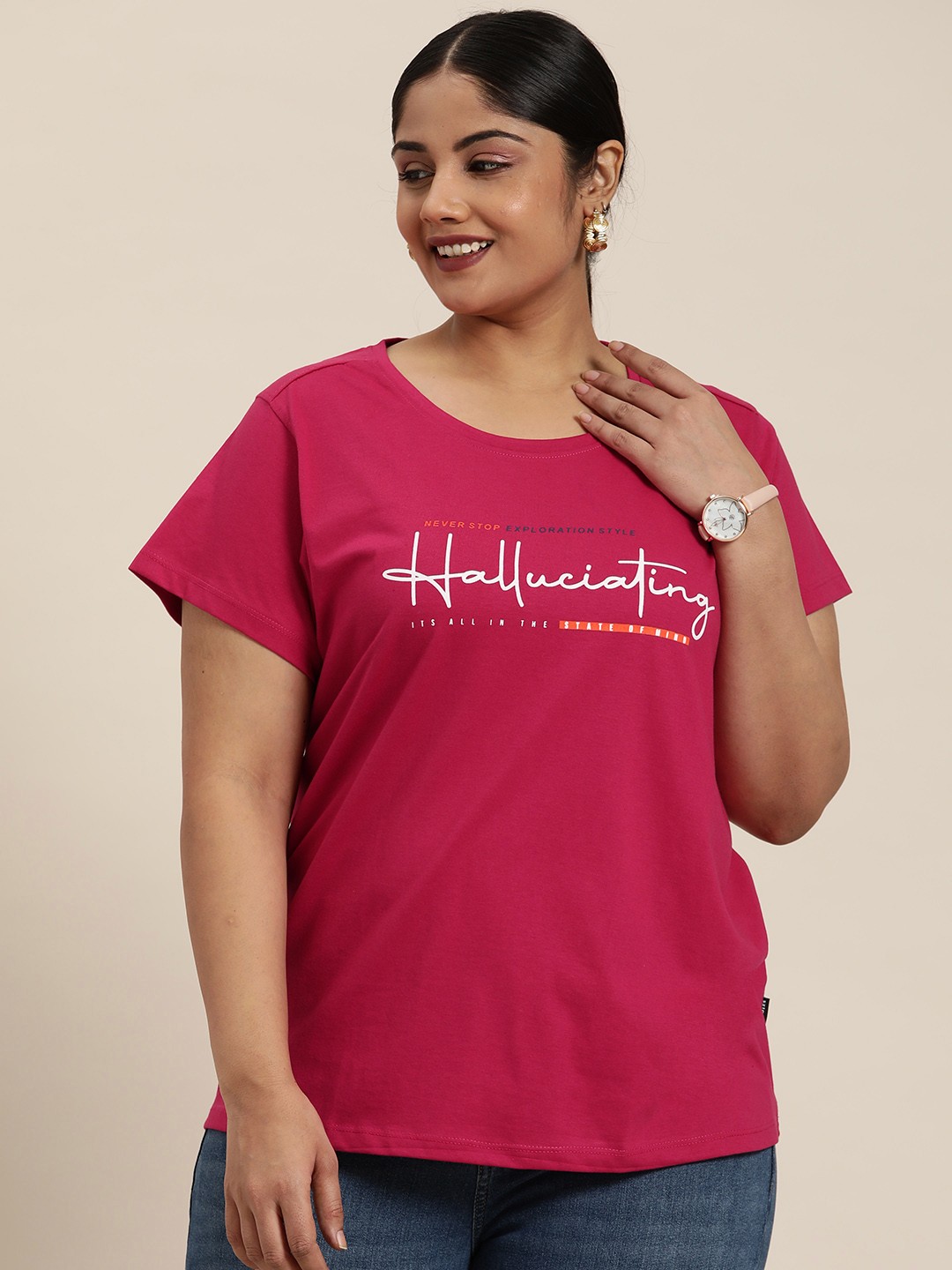 

Sztori Plus Size Typography Printed T-shirt, Pink