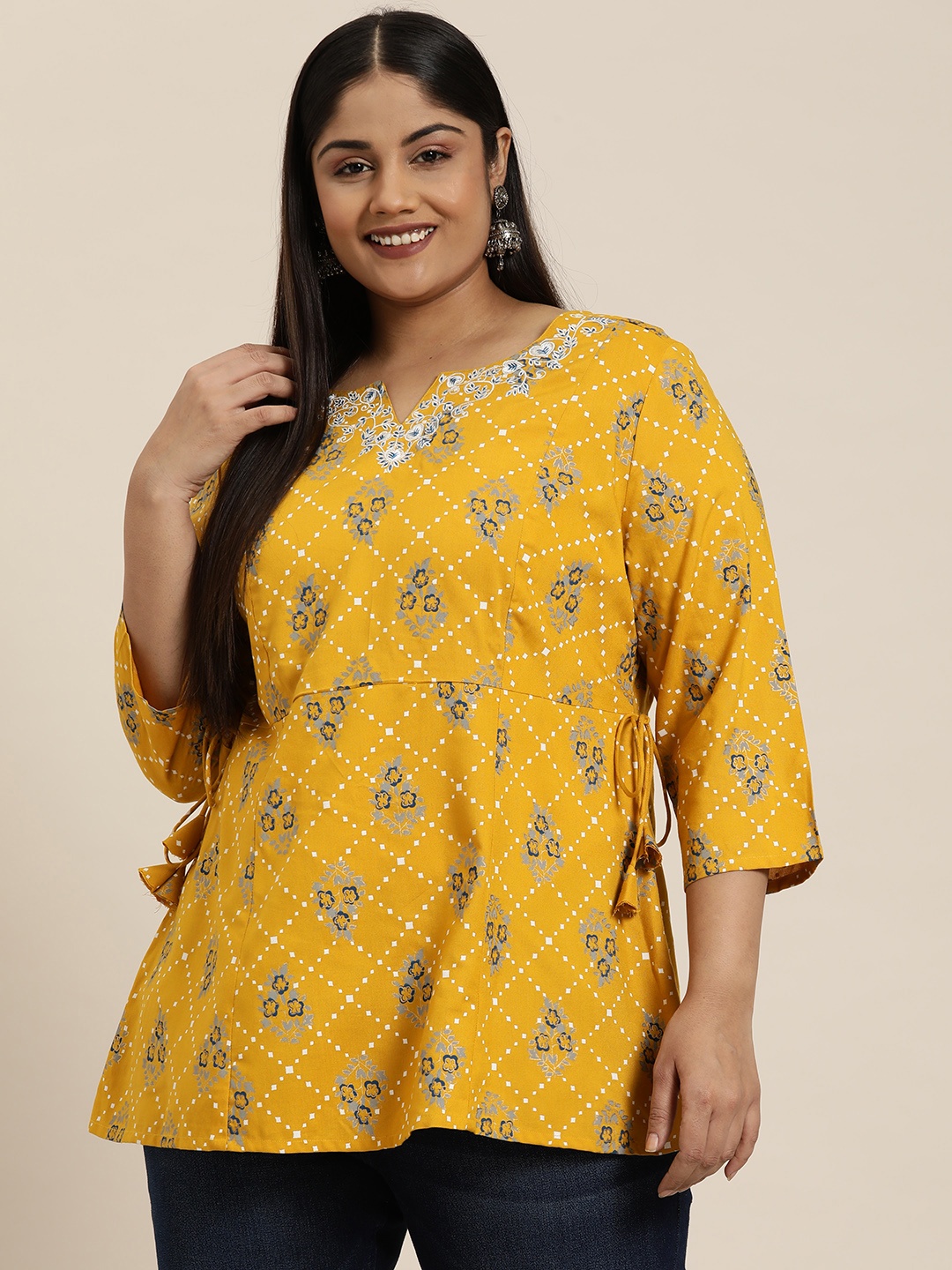 

Sztori Plus Size Ethnic Print Embroidered Detail A-Line Kurti, Mustard