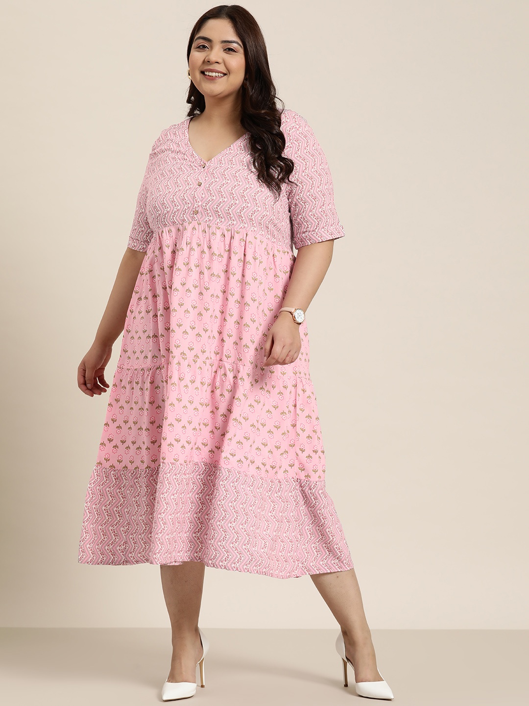 

Sztori Plus Size Floral Print A-Line Midi Dress, Pink