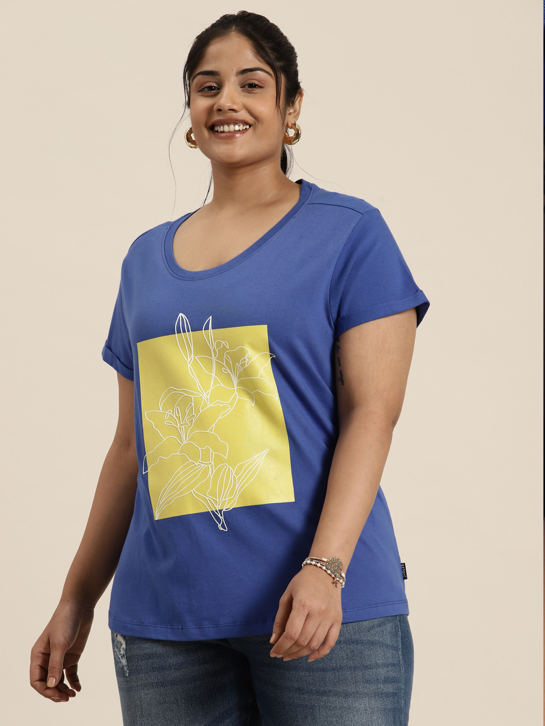 

Sztori Women Plus Size Printed Pure Cotton T-shirt, Blue