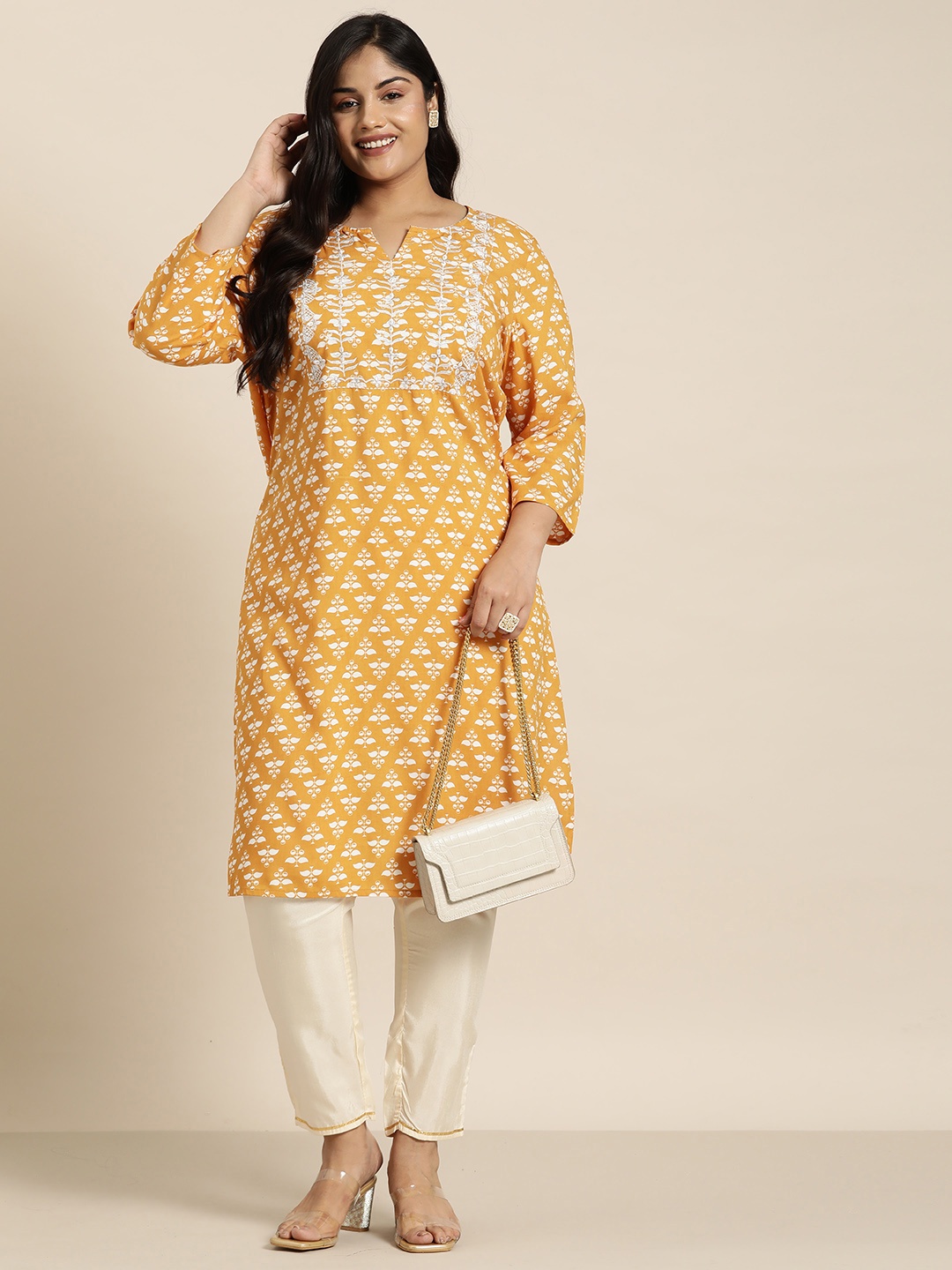 

Sztori Plus Size Ethnic Print Embroidered Detail Straight Kurta, Mustard