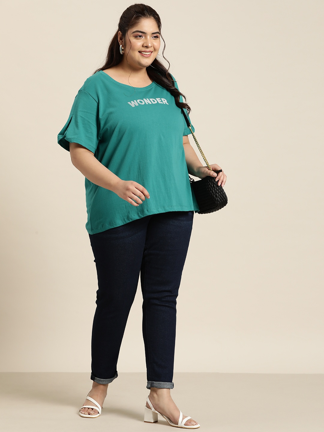 

Sztori Women Plus Size Typography Printed Extended Sleeves T-shirt, Green