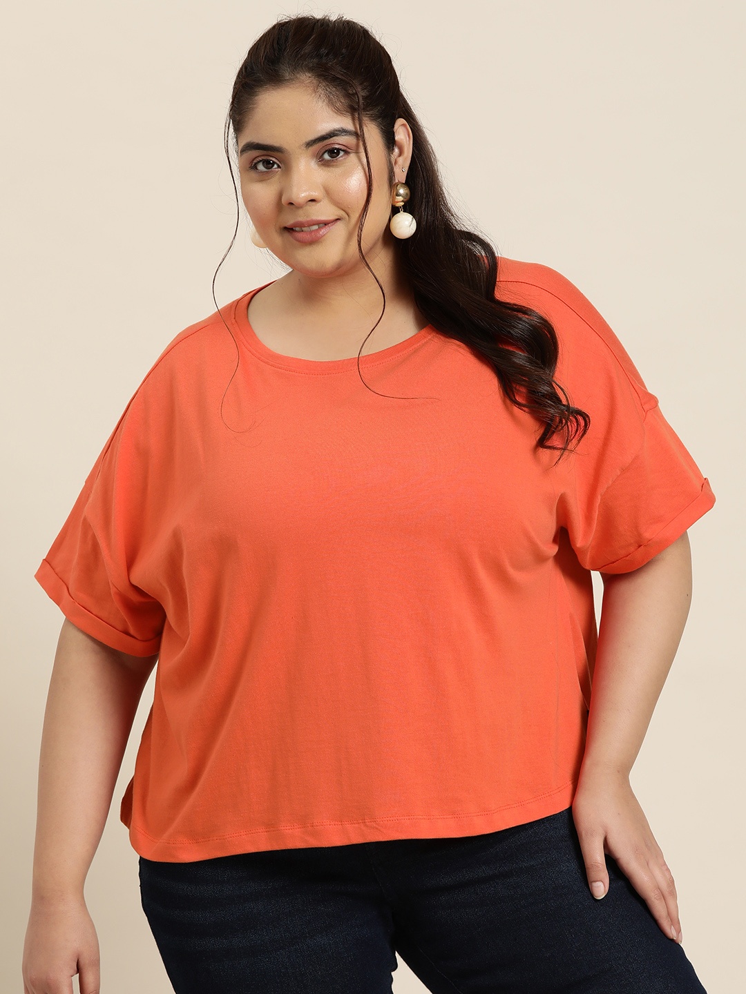 

Sztori Women Plus Size Drop-Shoulder Sleeves Pure Cotton T-shirt, Orange