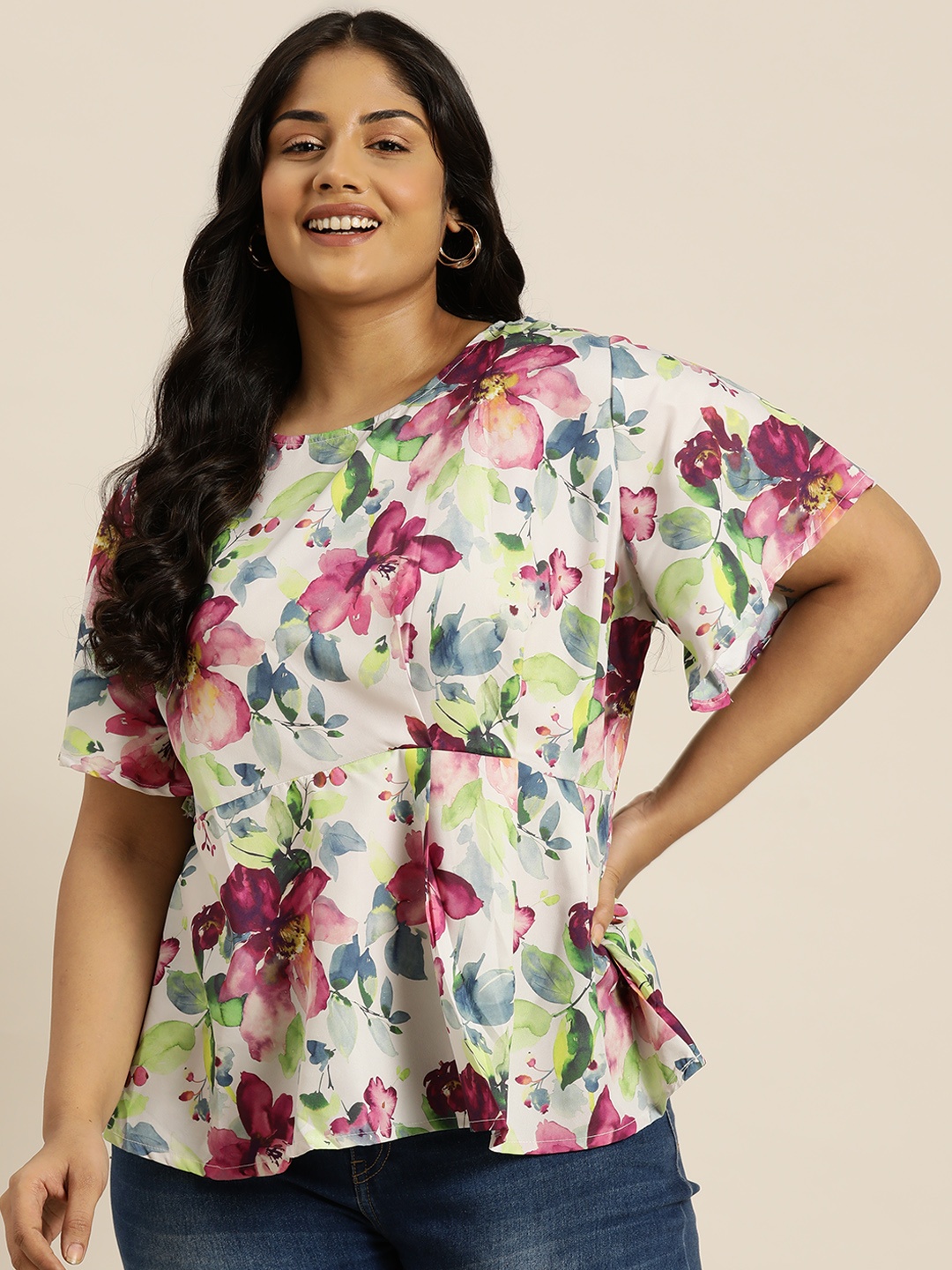 

Sztori Plus Size Floral Print Flared Sleeve Peplum Top, White