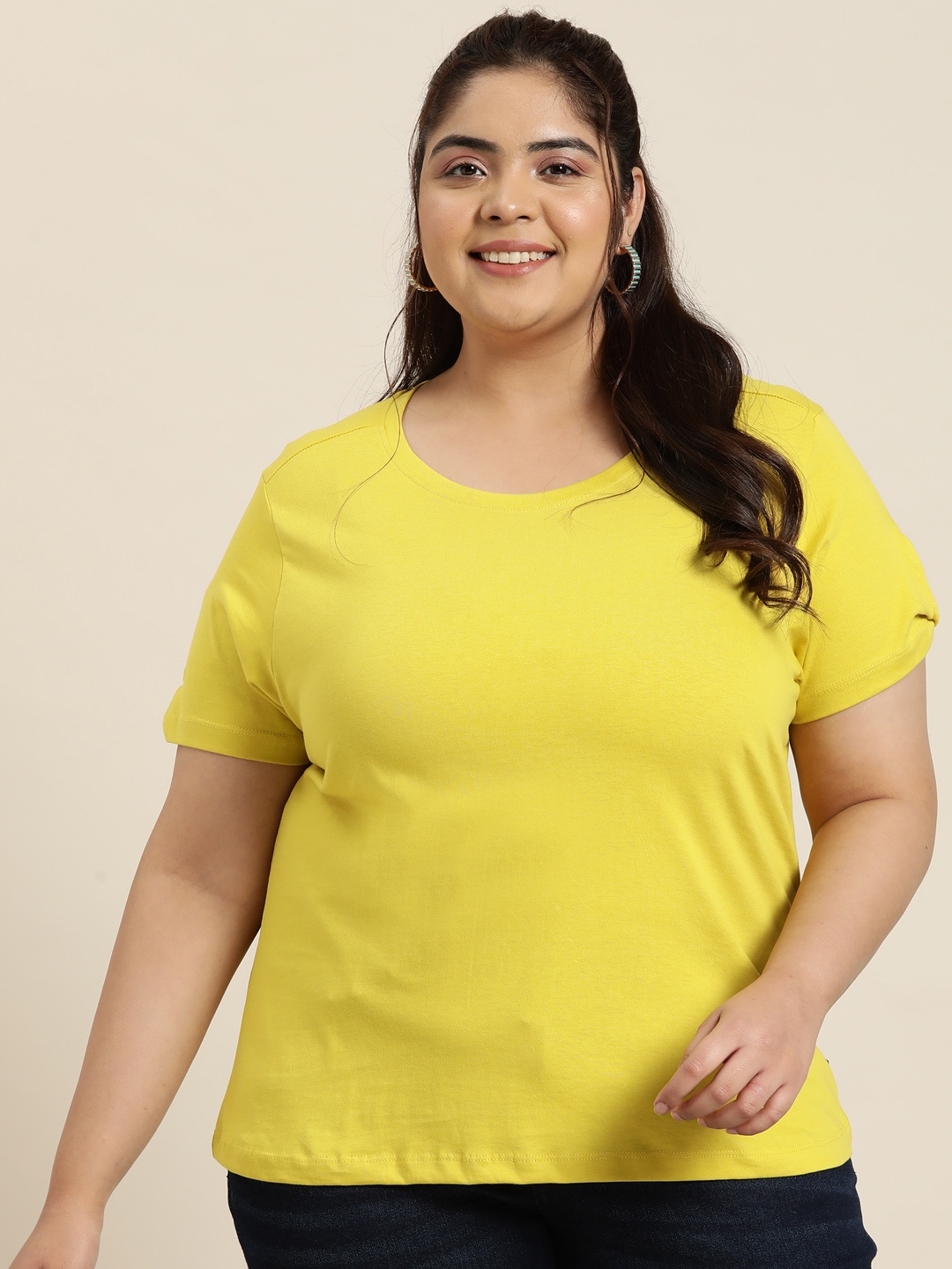 

Sztori Women Plus Size Solid Pure Cotton T-shirt, Yellow