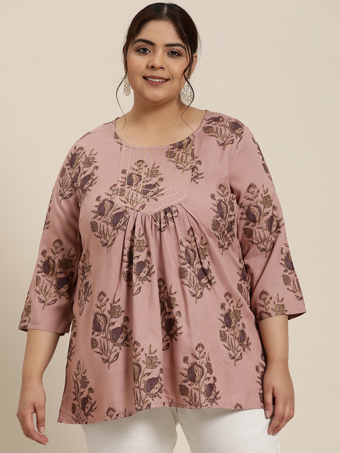 

Sztori Plus Size Pure Cotton Floral Printed Tunic, Rose