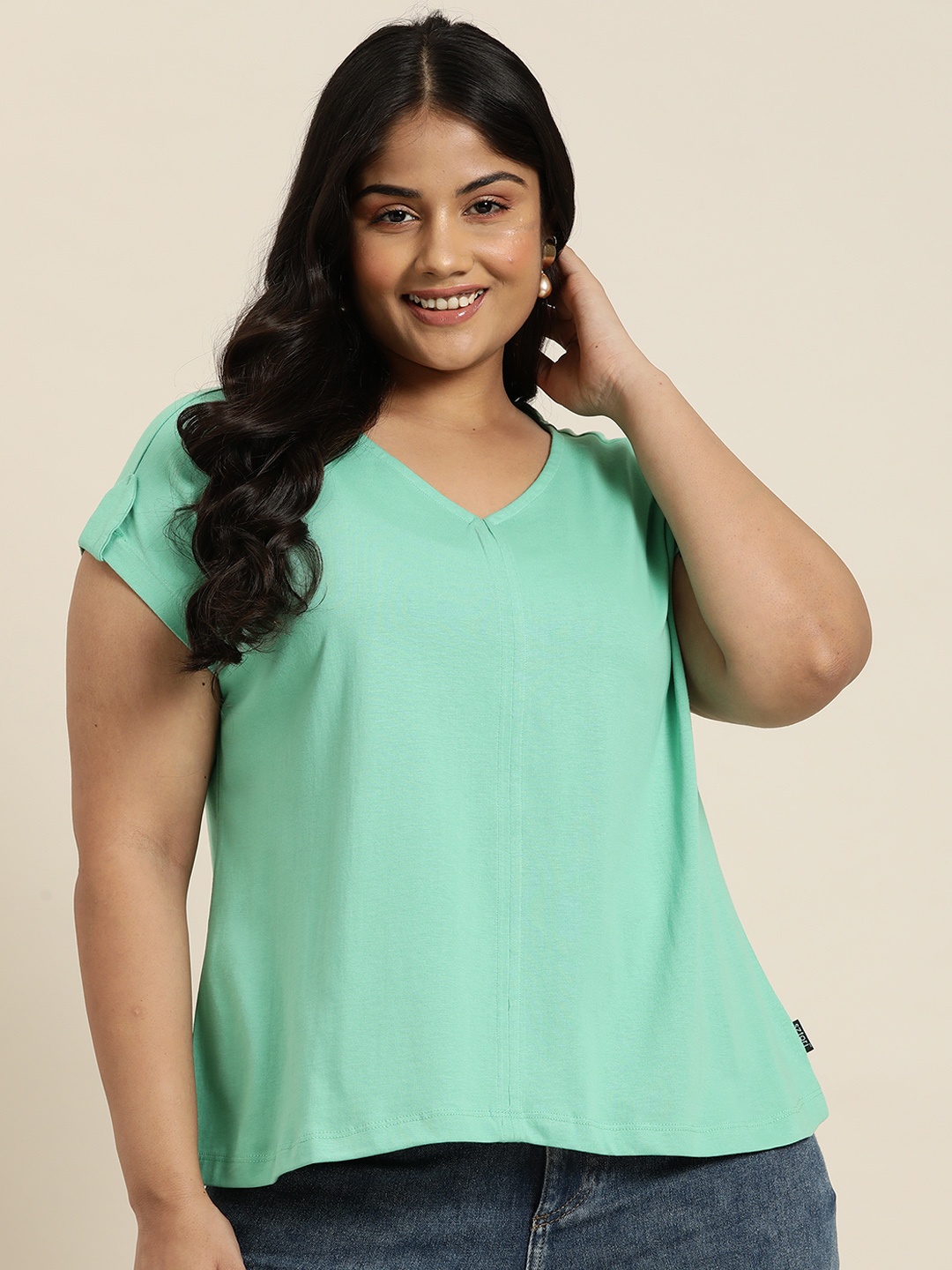 

Sztori Women Plus Size Extended Sleeves Pure Cotton T-shirt, Green