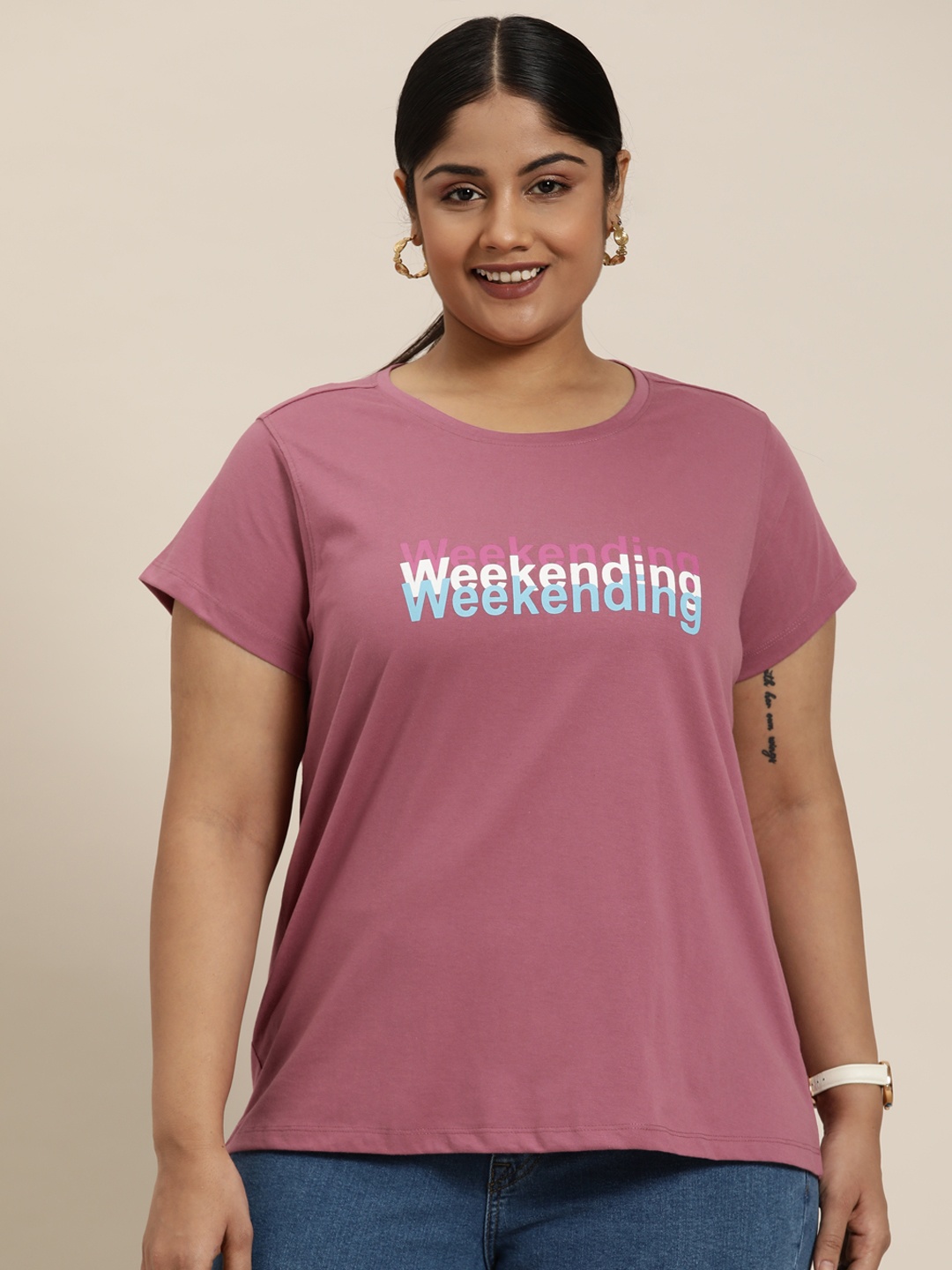 

Sztori Plus Size Printed T-shirt, Purple