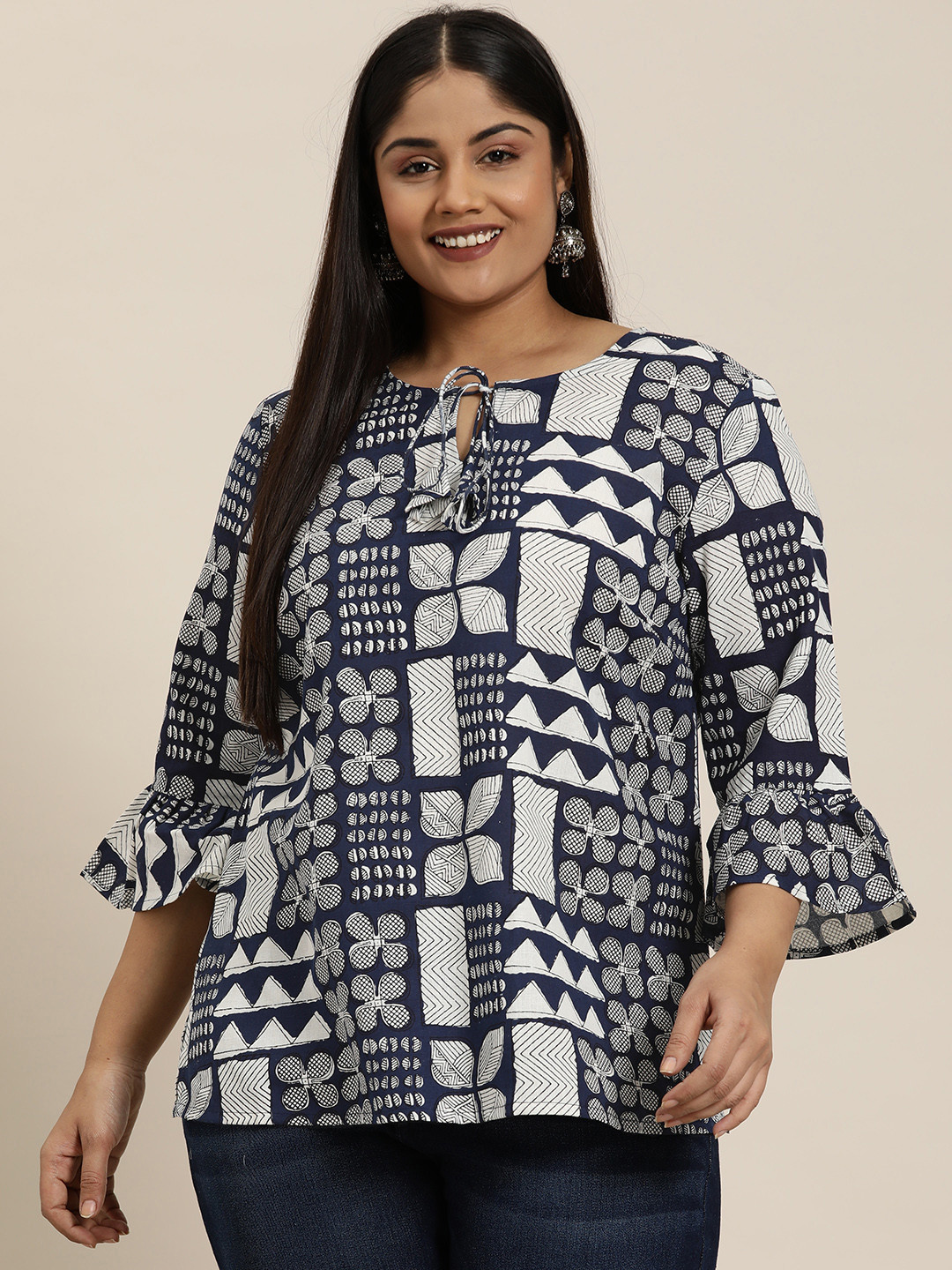 

Sztori Plus Size Ethnic Motifs Printed Cotton Linen Kurti, Navy blue
