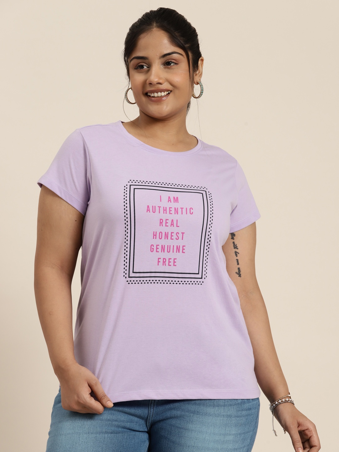 

Sztori Women Plus Size Typography Printed T-shirt, Lavender
