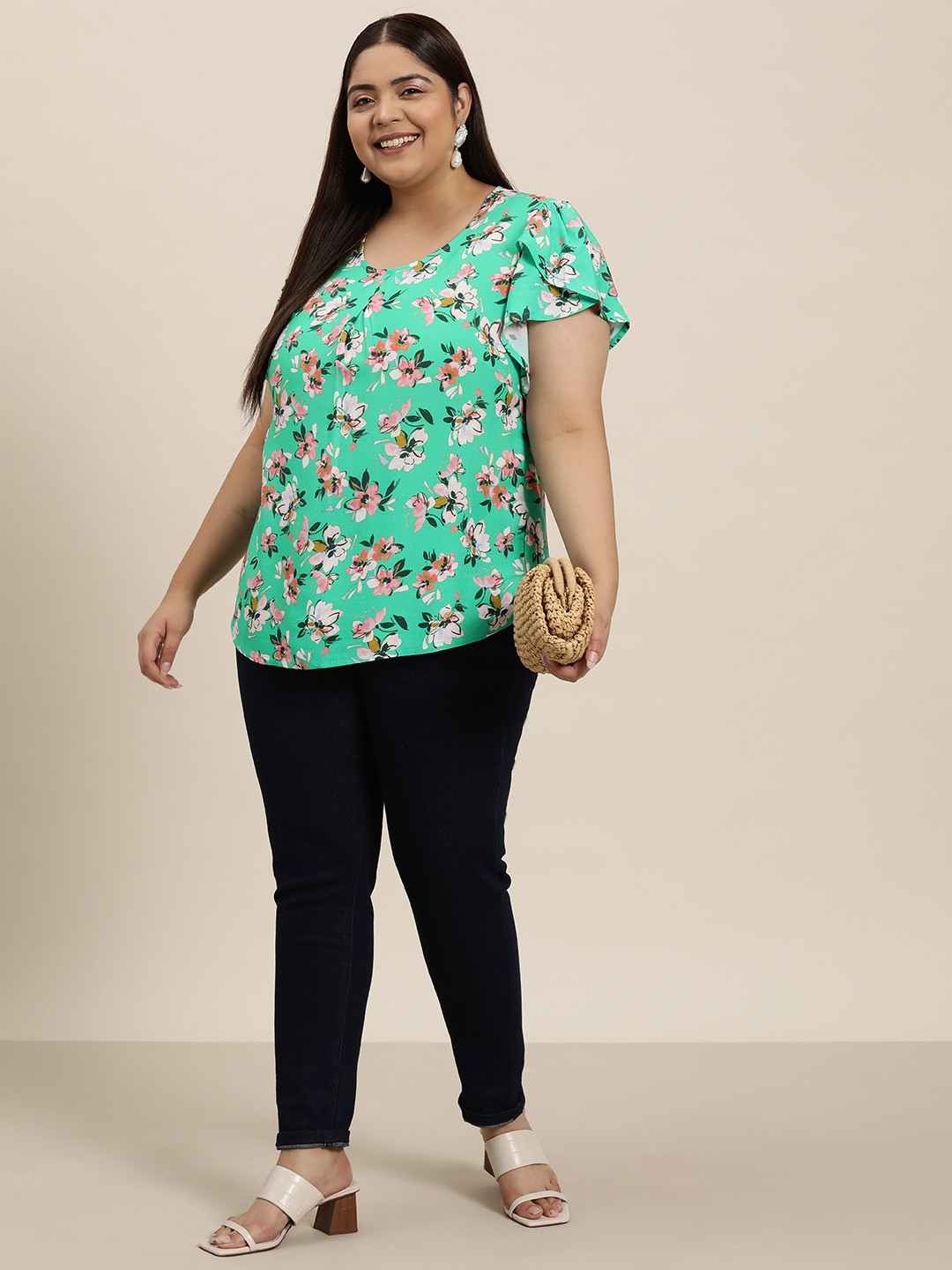 

Sztori Plus Size Floral Print Flared Sleeves Top, Sea green