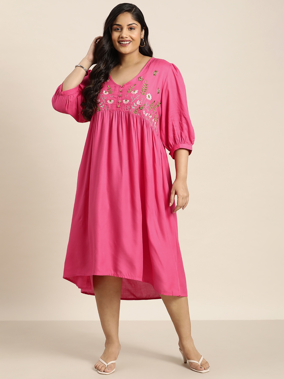 

Sztori Plus Size Floral Embroidered A-Line Midi Dress, Pink