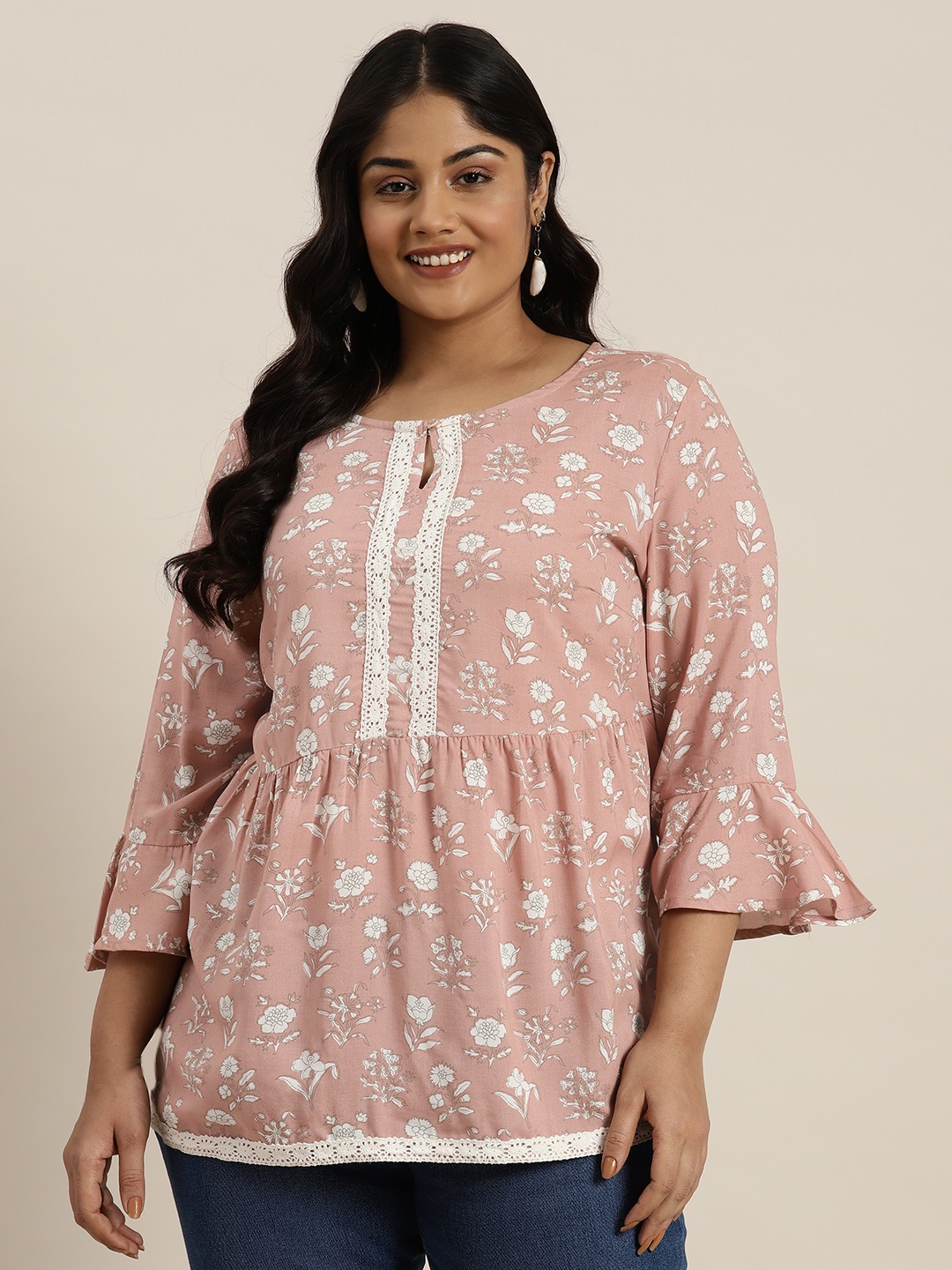 

Sztori Plus Size Floral Printed Pure Cotton Kurti, Beige