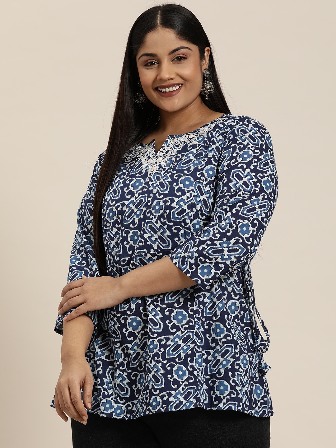 

Sztori Plus Size Ethnic Motifs Printed Pure Cotton Thread Work Kurti, Blue
