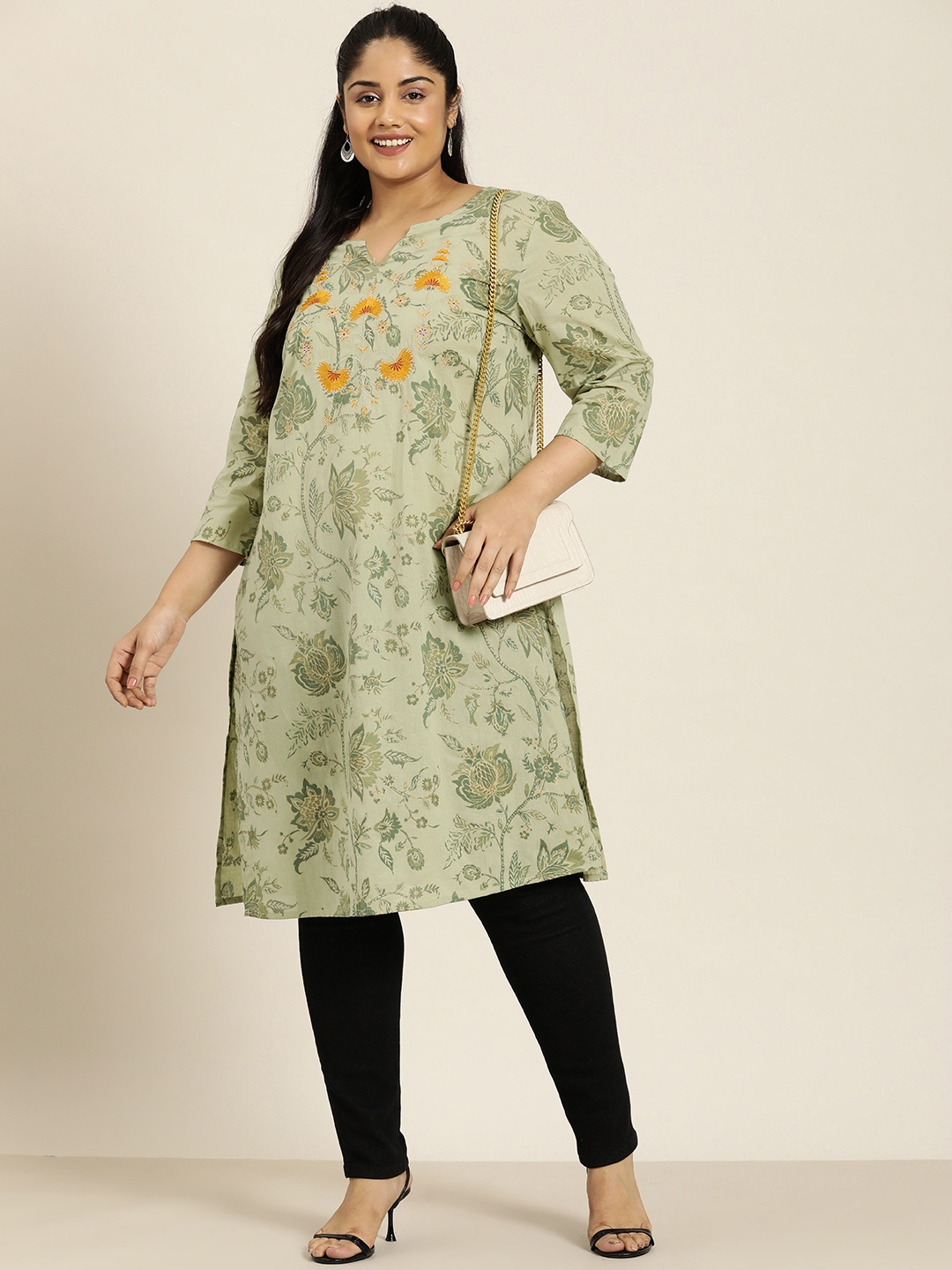

Sztori Women Plus Size Ethnic Motifs Printed & Embroidered Pure Cotton Kurta, Green
