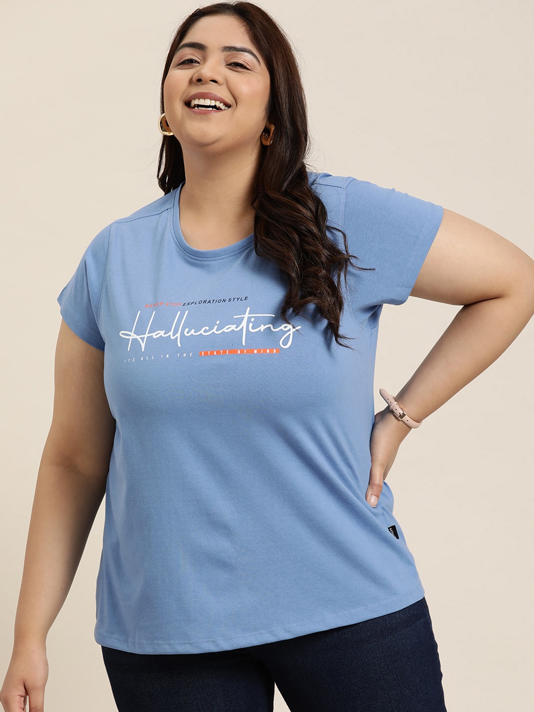 

Sztori Plus Size Typography Printed T-shirt, Blue