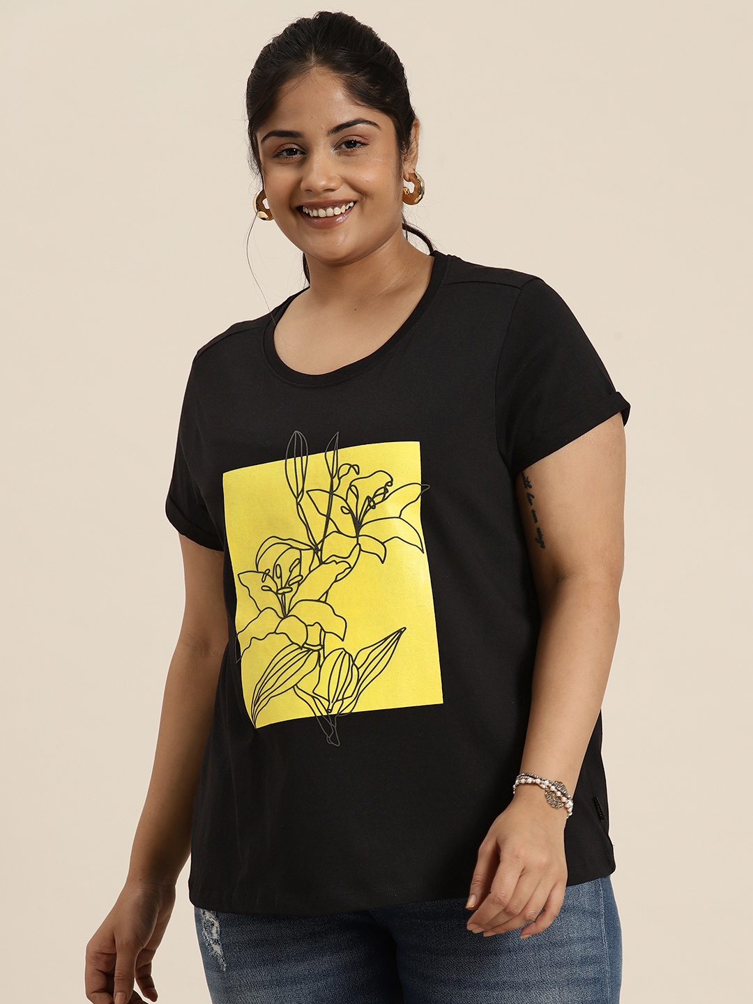 

Sztori Women Plus Size Printed Pure Cotton T-shirt, Black