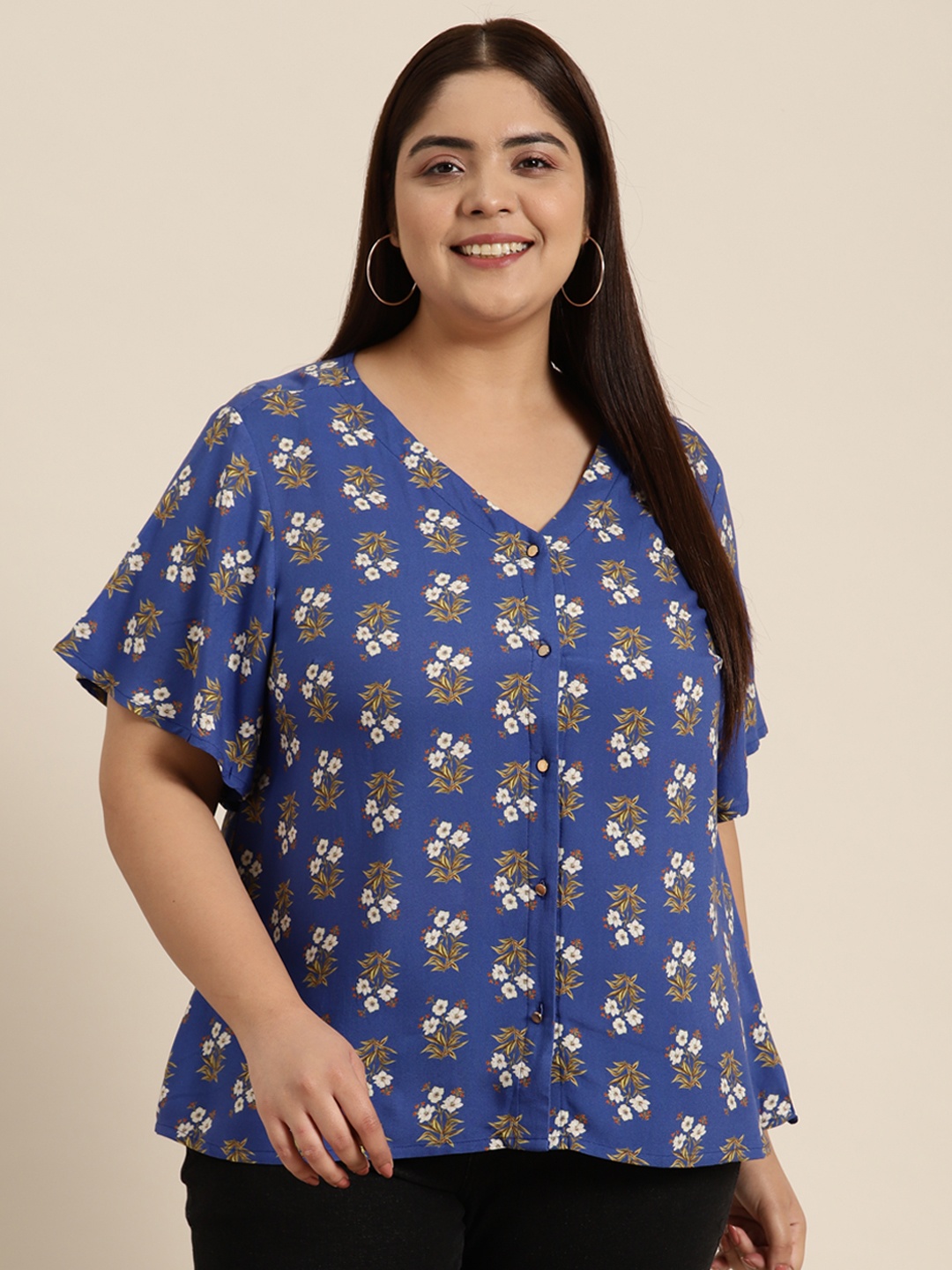 

Sztori Plus Size Floral Print Flared Sleeves Top, Blue
