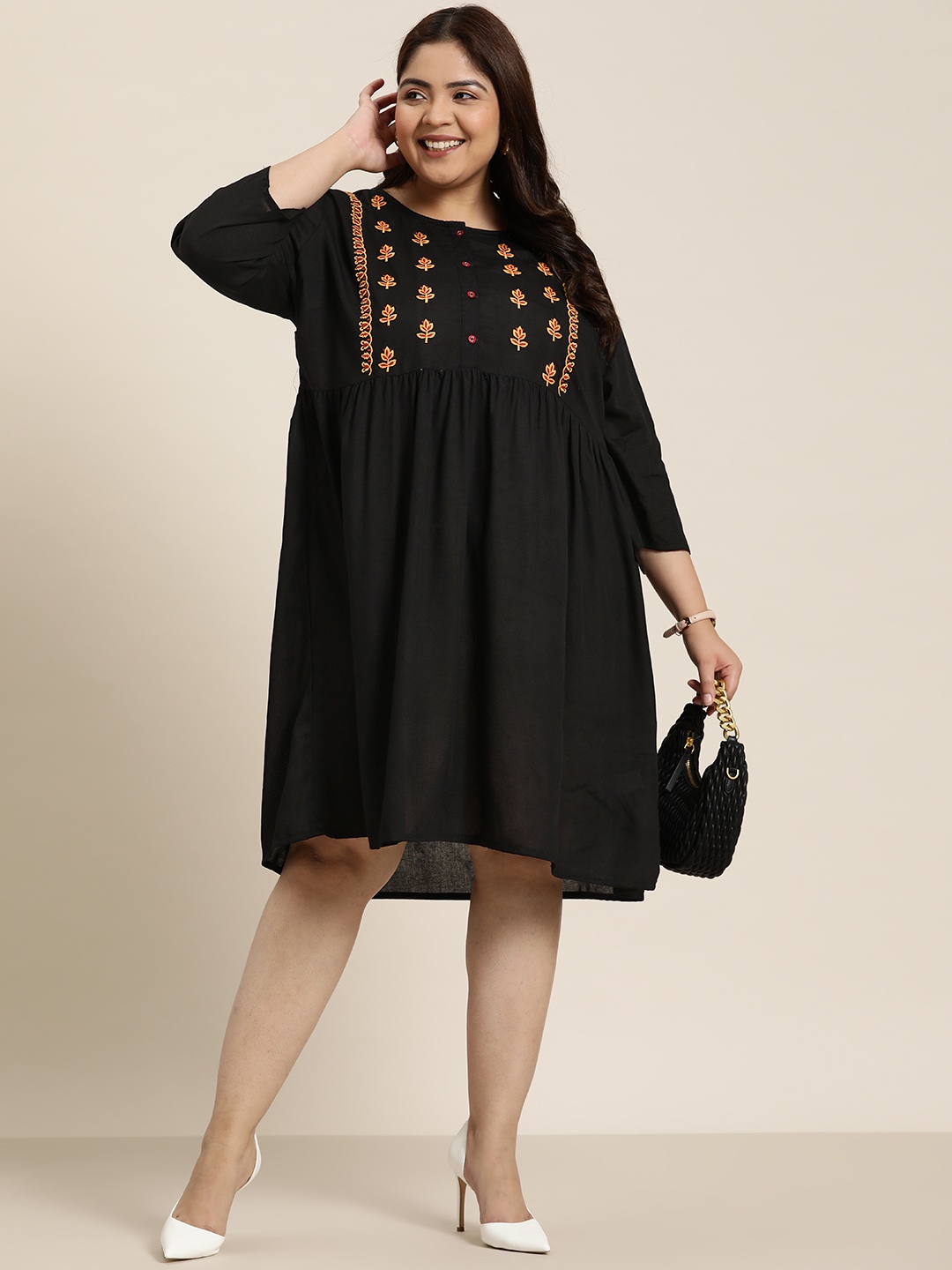 

Sztori Plus Size Floral Embroidered Empire Dress, Black