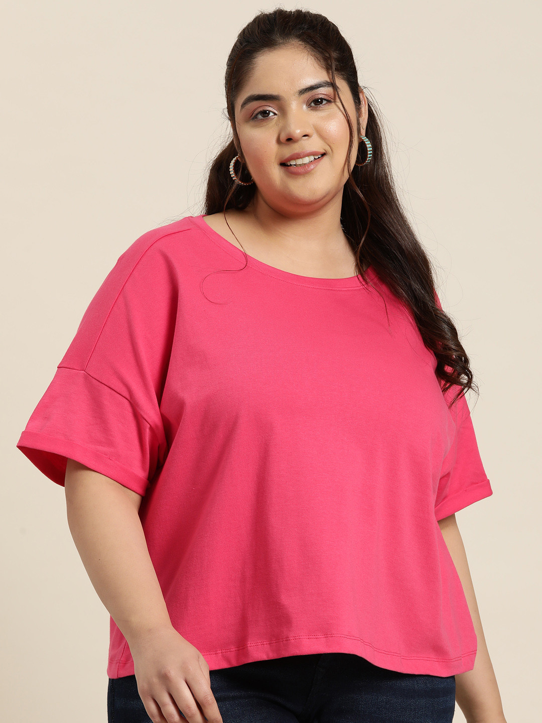 

Sztori Women Plus Size Pure Cotton Extended Sleeves T-shirt, Pink