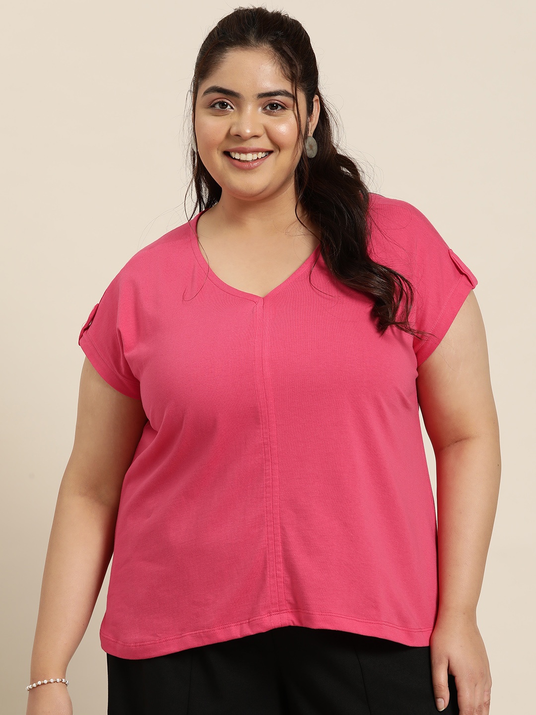 

Sztori Women Pink V-Neck Extended Sleeves Pure Cotton T-shirt