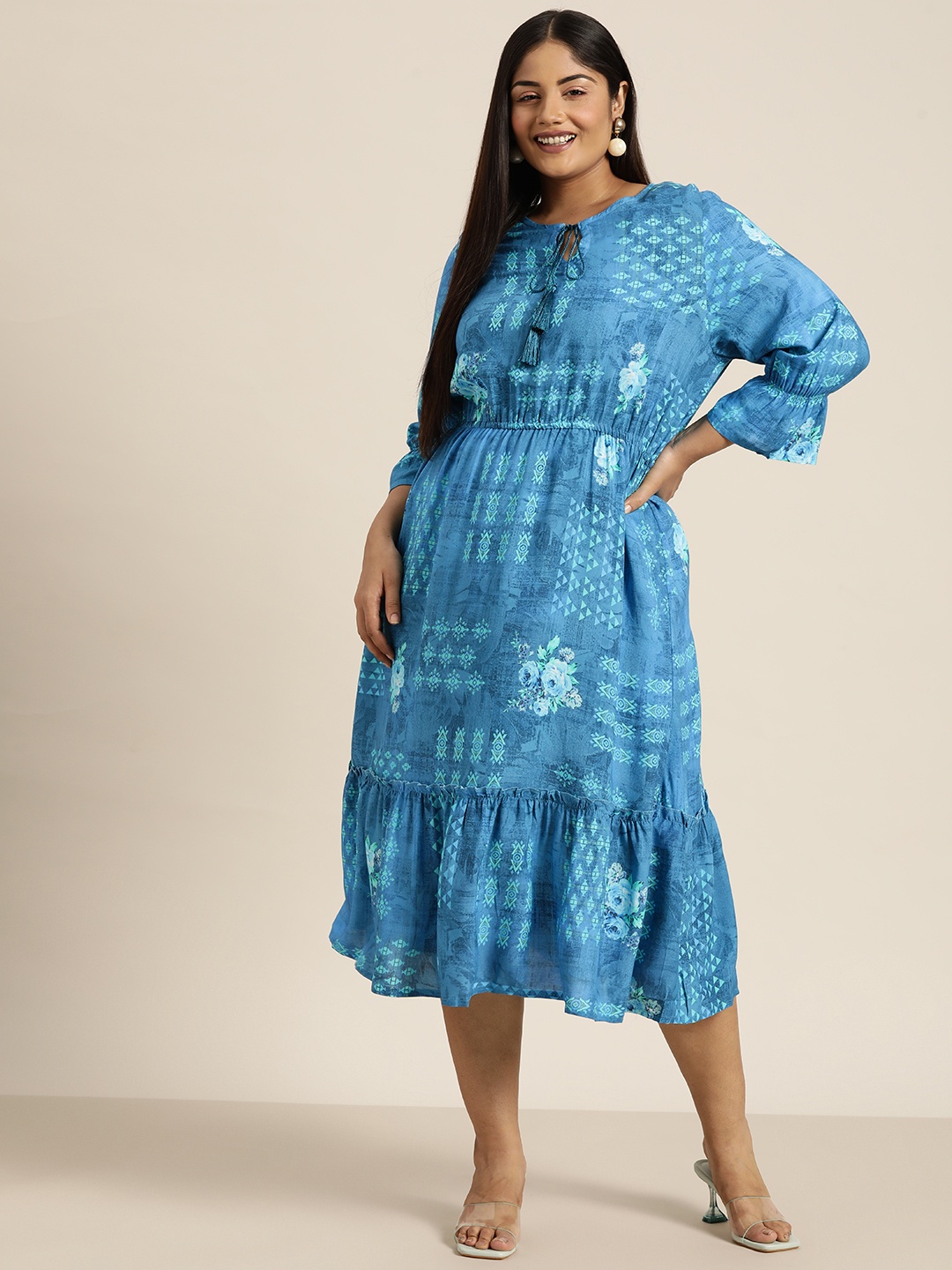 

Sztori Plus Size Print Tie-Up Neck Bell Sleeve Blouson Midi Dress, Blue