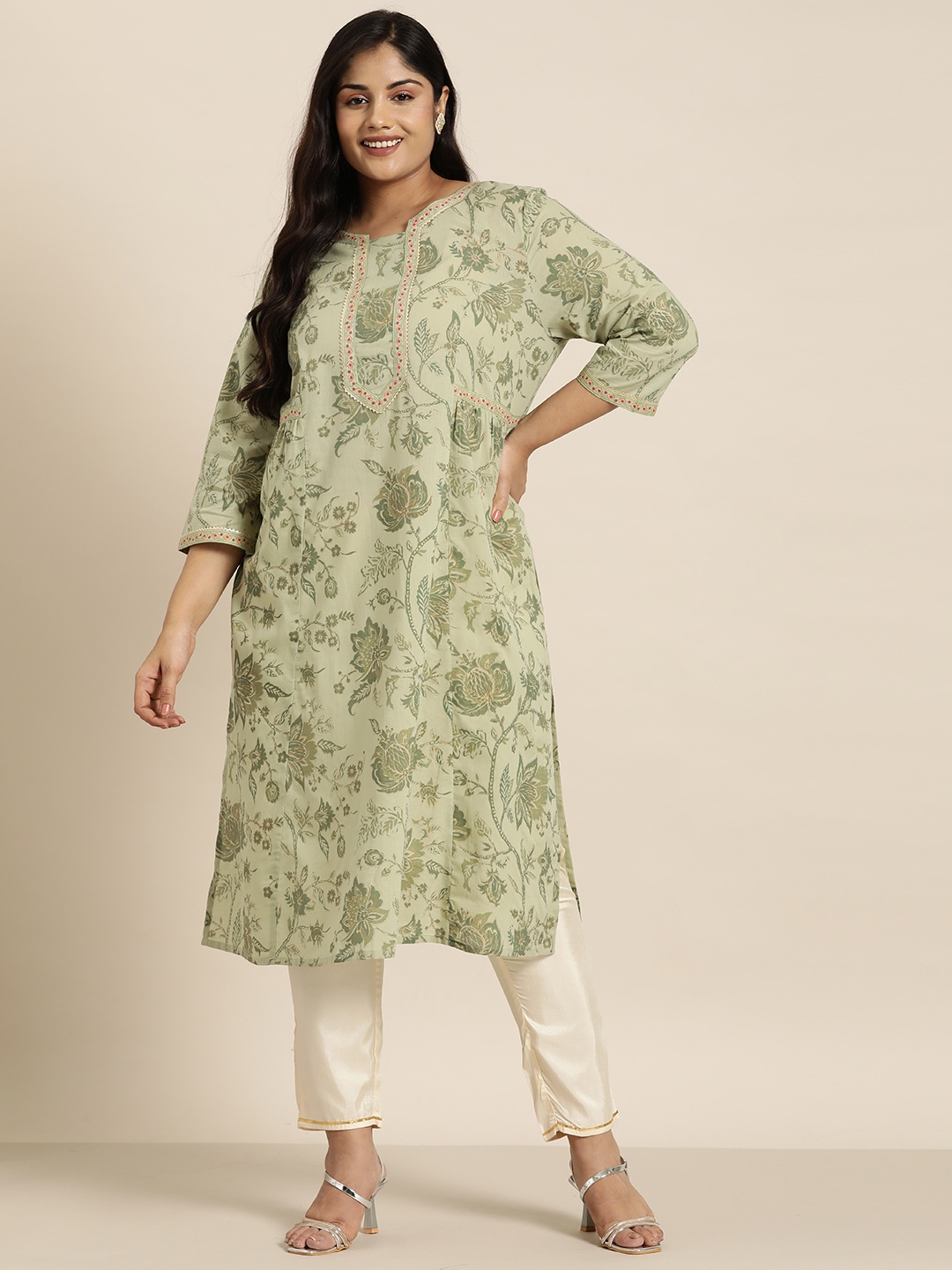

Sztori Plus Size Cotton Floral Print Gotta Patti Kurta, Green