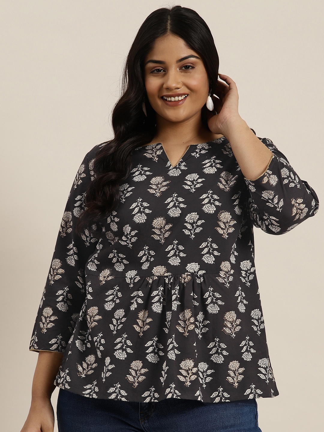 

Sztori Plus Size Floral Printed Pure Cotton Kurti, Brown