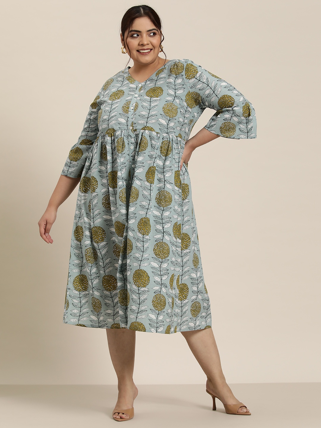 

Sztori Plus Size Pure Cotton Floral Printed A-Line Ethnic Dress, Grey