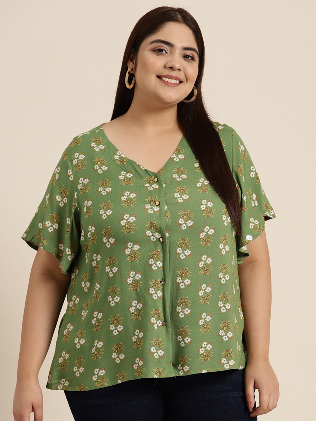 

Sztori Plus Size Floral Print Flared Sleeves Top, Green