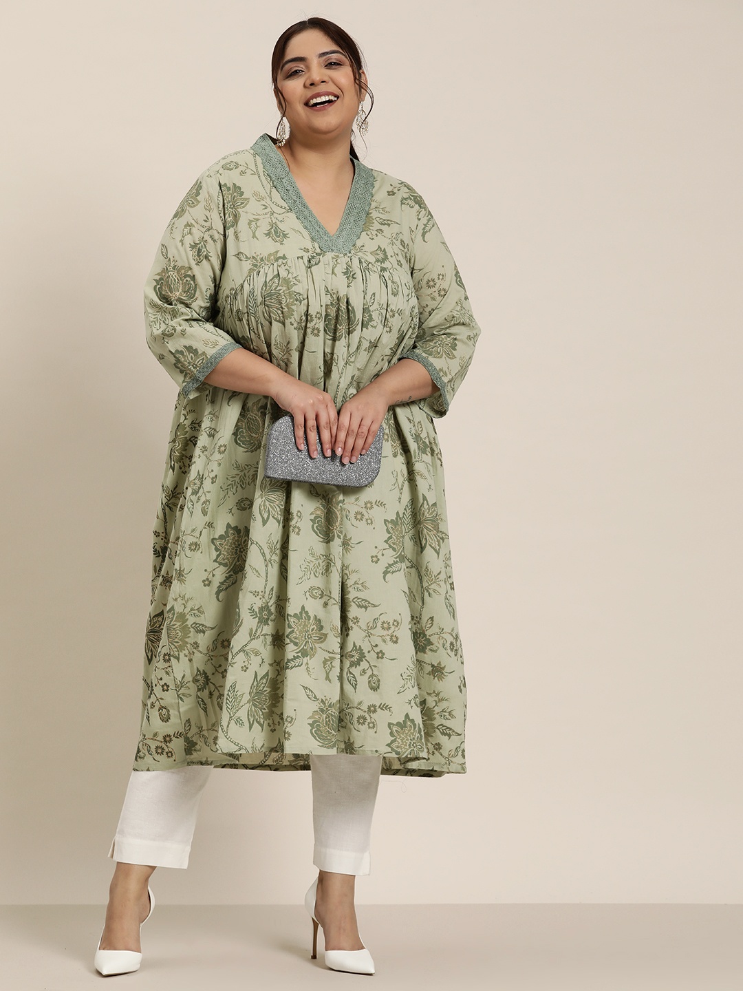 Sztori Plus Size Floral Printed Anarkali Kurta, Green