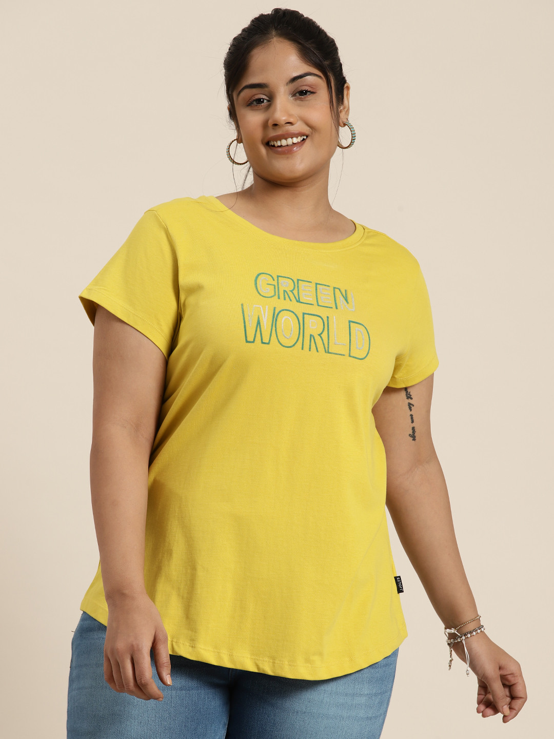

Sztori Women Plus Size Printed Pure Cotton T-shirt, Yellow