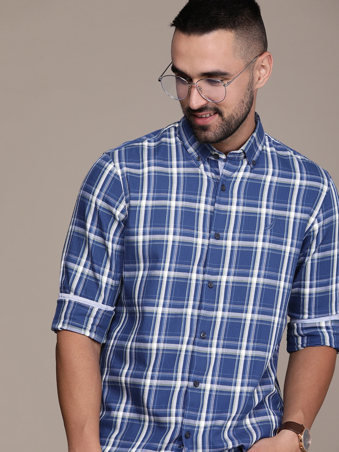

Nautica Pure Cotton Slim Fit Checked Casual Shirt, Blue