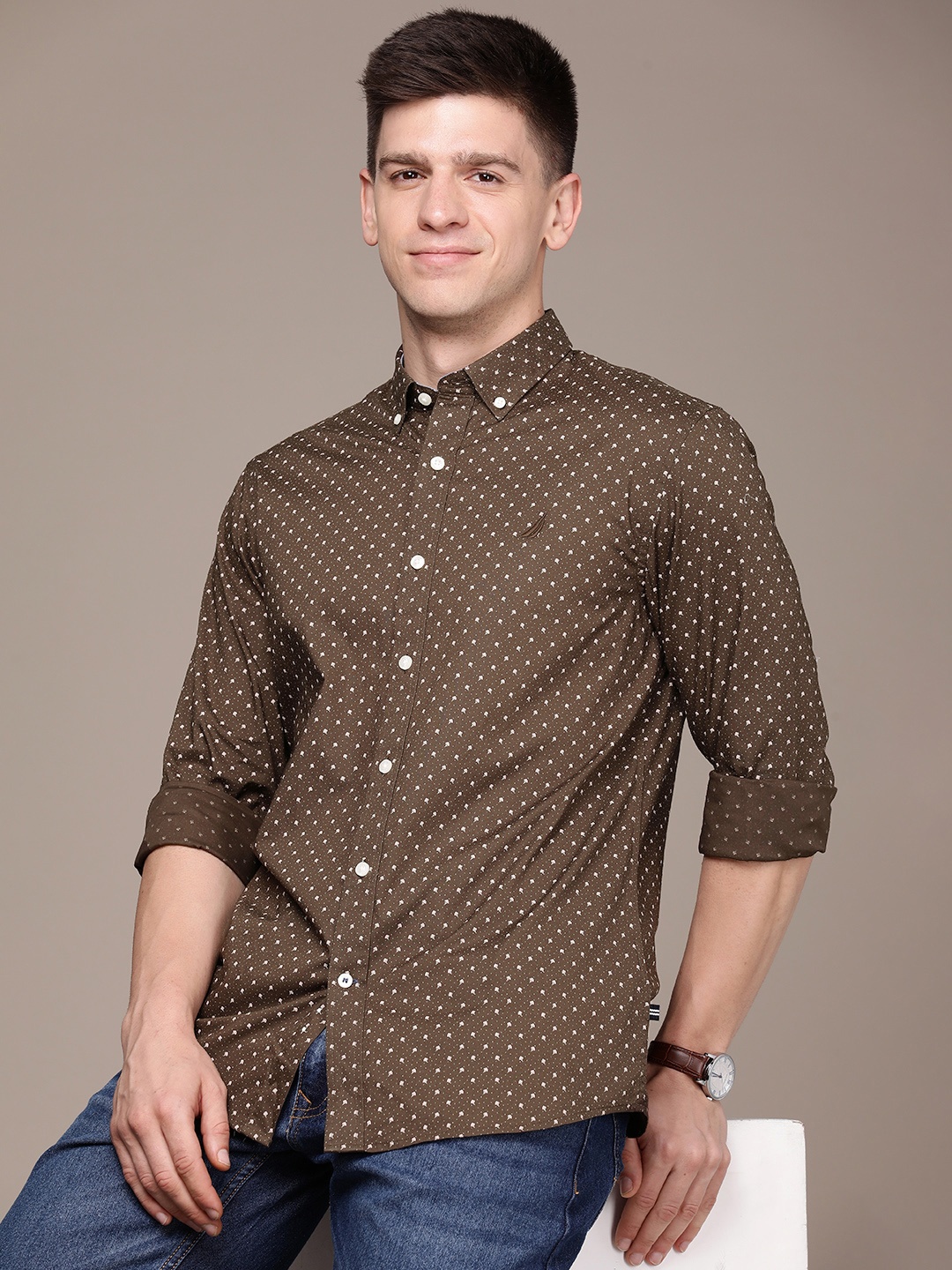 

Nautica Men Slim Fit Pure Cotton Printed Casual Shirt, Brown